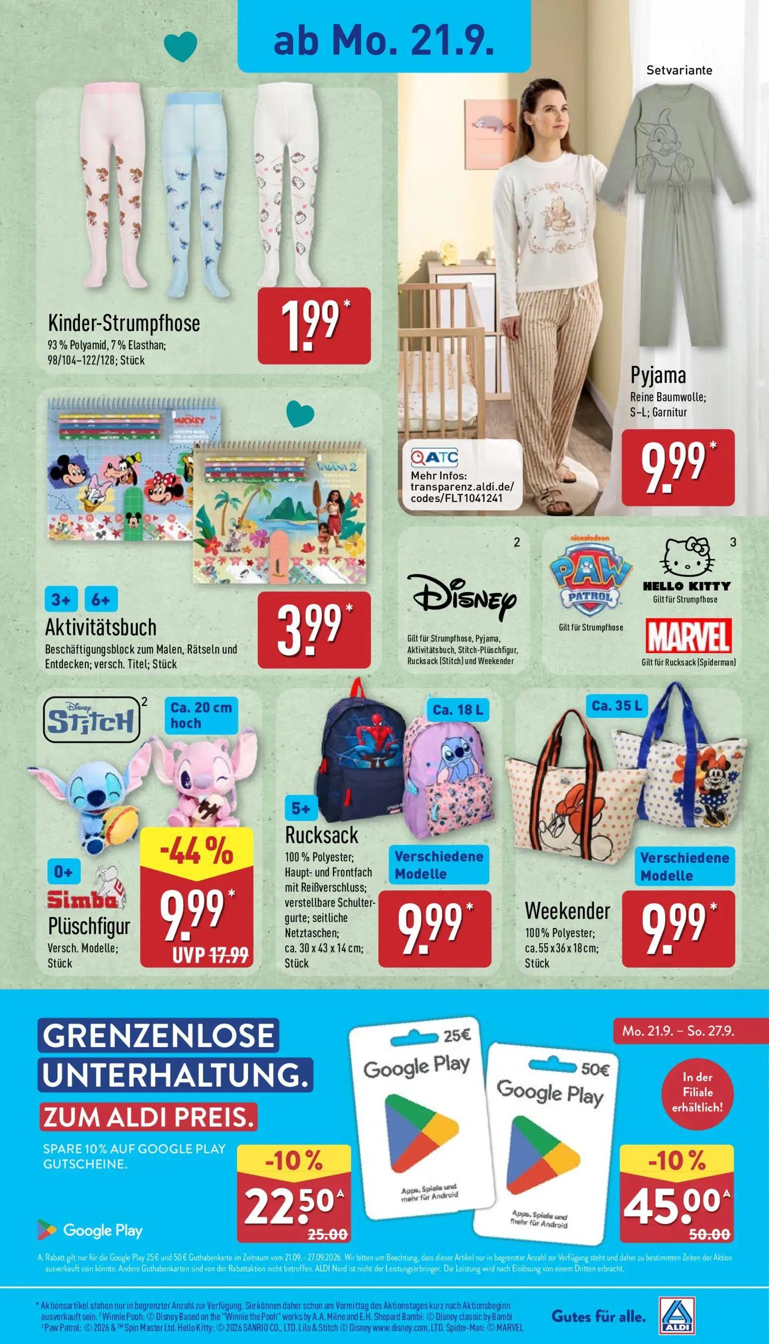 Aldi Nord Prospekt, Seite 5 von 14 — Simba Plüschfigur, Google Play Gutscheine, Google Play Gutscheine