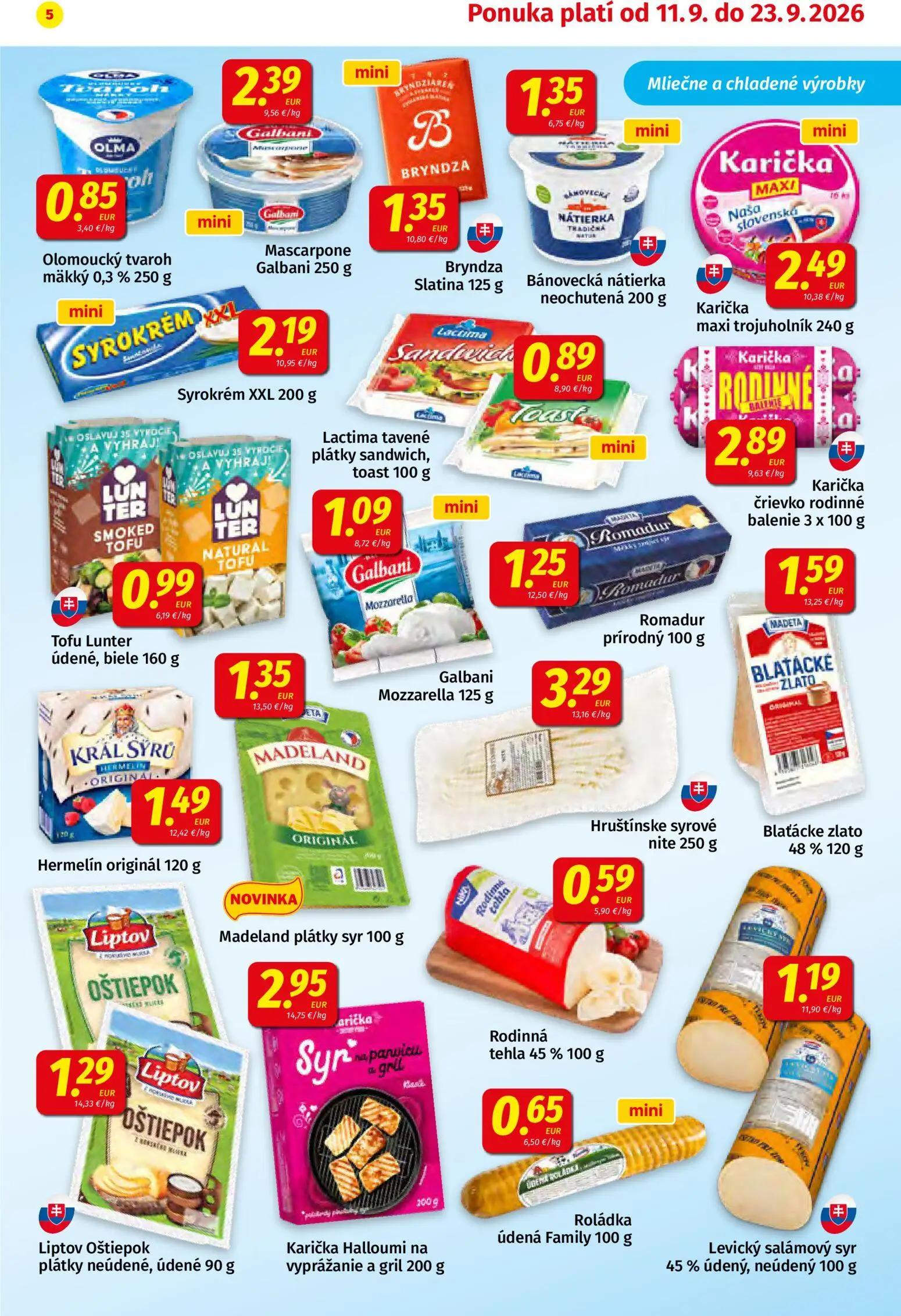 Koruna leták, strana 5 z 24 — Olomoucký tvaroh mäkký 0,3%, Mascarpone Galbani, Bryndza Slatina