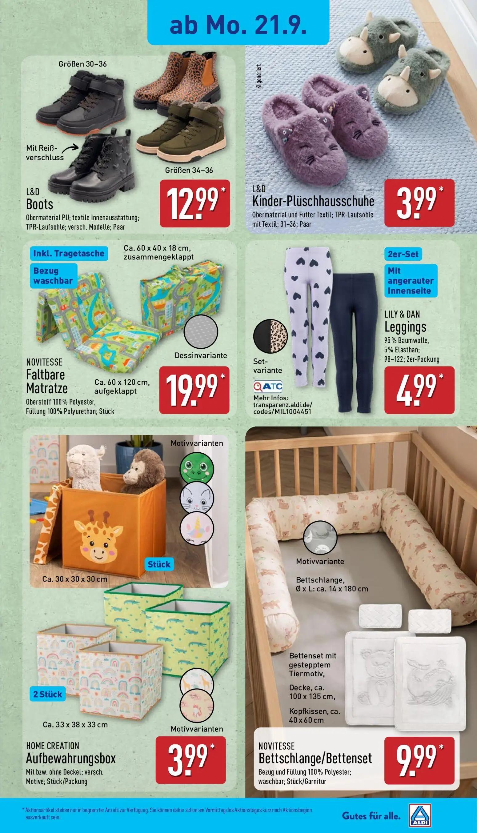 Aldi Nord Prospekt, Seite 7 von 14 — L&D Boots, L&D Kinder-Plüschhausschuhe, NOVITESSE Faltbare Matratze