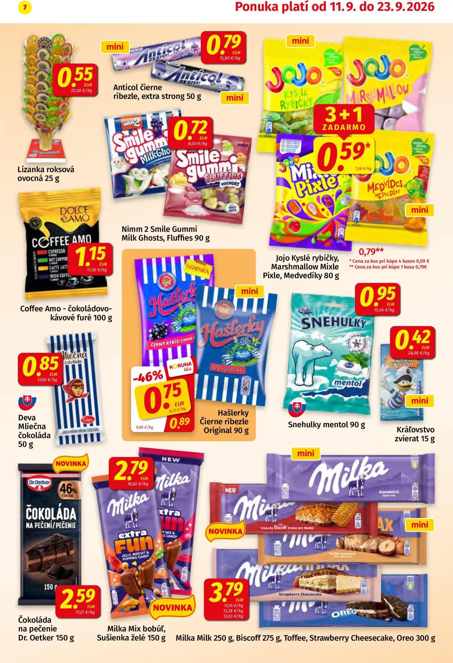 Koruna leták, strana 7 z 24 — Jojo Kyslé rybičky, Marshmallow Mixle Pixle, Medvedíky, Hašlerky Čierne ríbezle Original, Líza…
