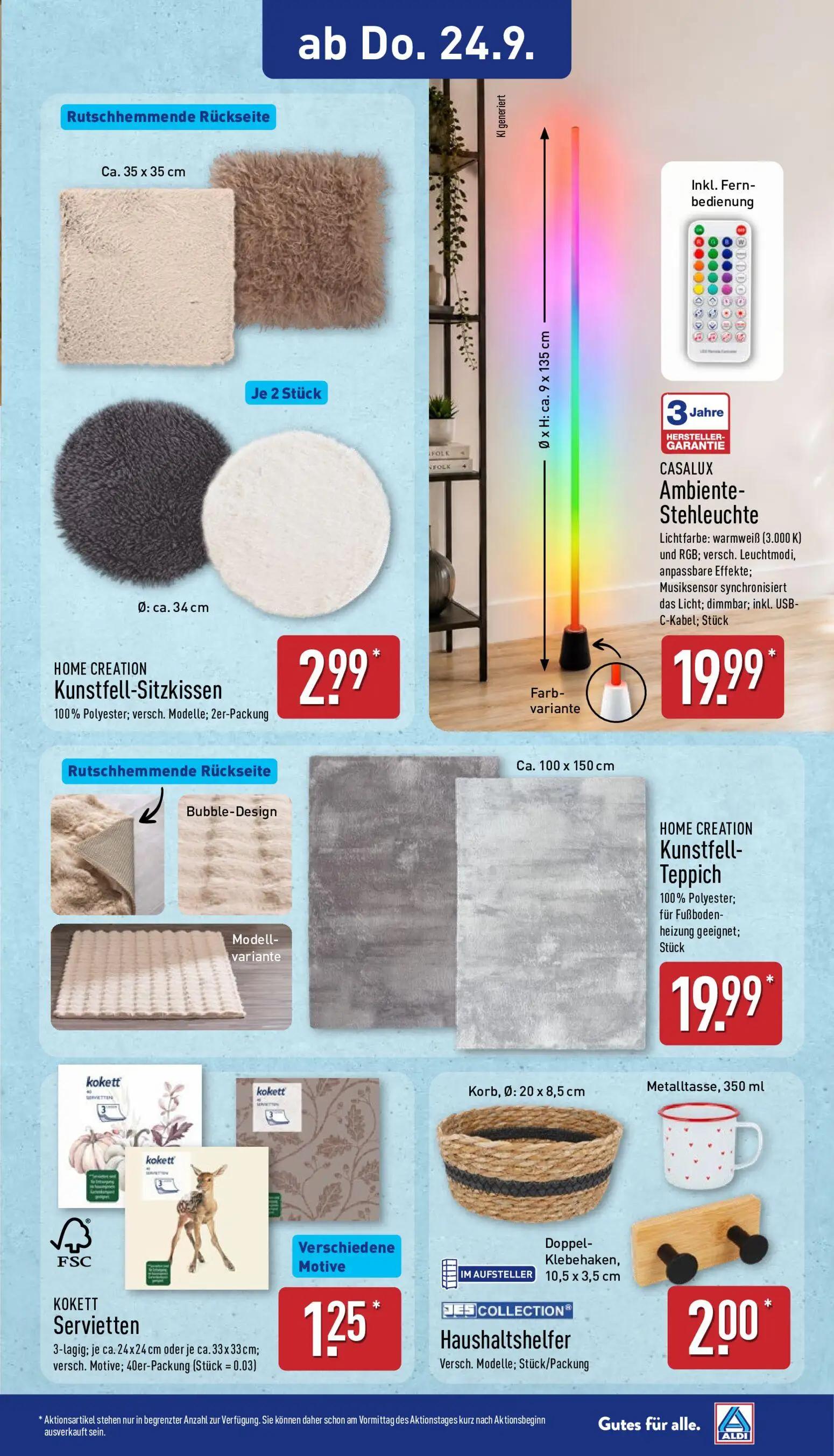 Aldi Nord Prospekt, Seite 11 von 14 — Kunstfell-Sitzkissen, Ambiente-Stehleuchte, Kunstfell-Teppich