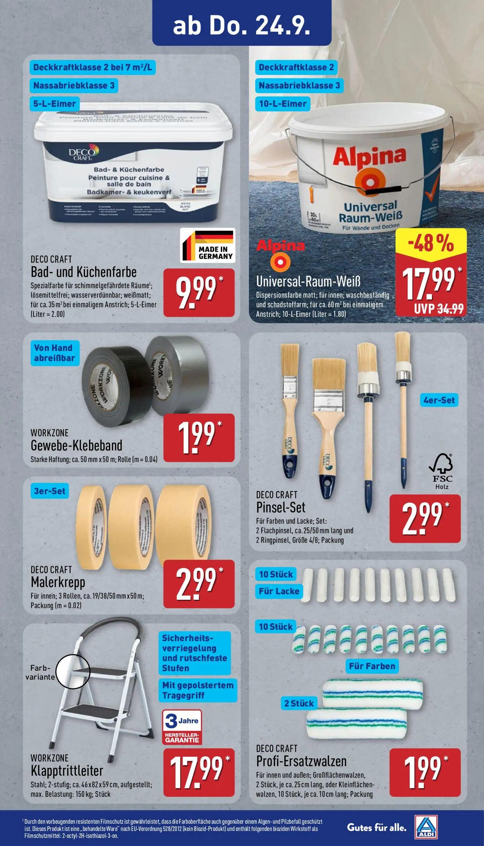 Aldi Nord Prospekt, Seite 13 von 14 — Alpina Universal-Raum-Weiß, DECO CRAFT Bad- und Küchenfarbe, WORKZONE Gewebe-Klebeband