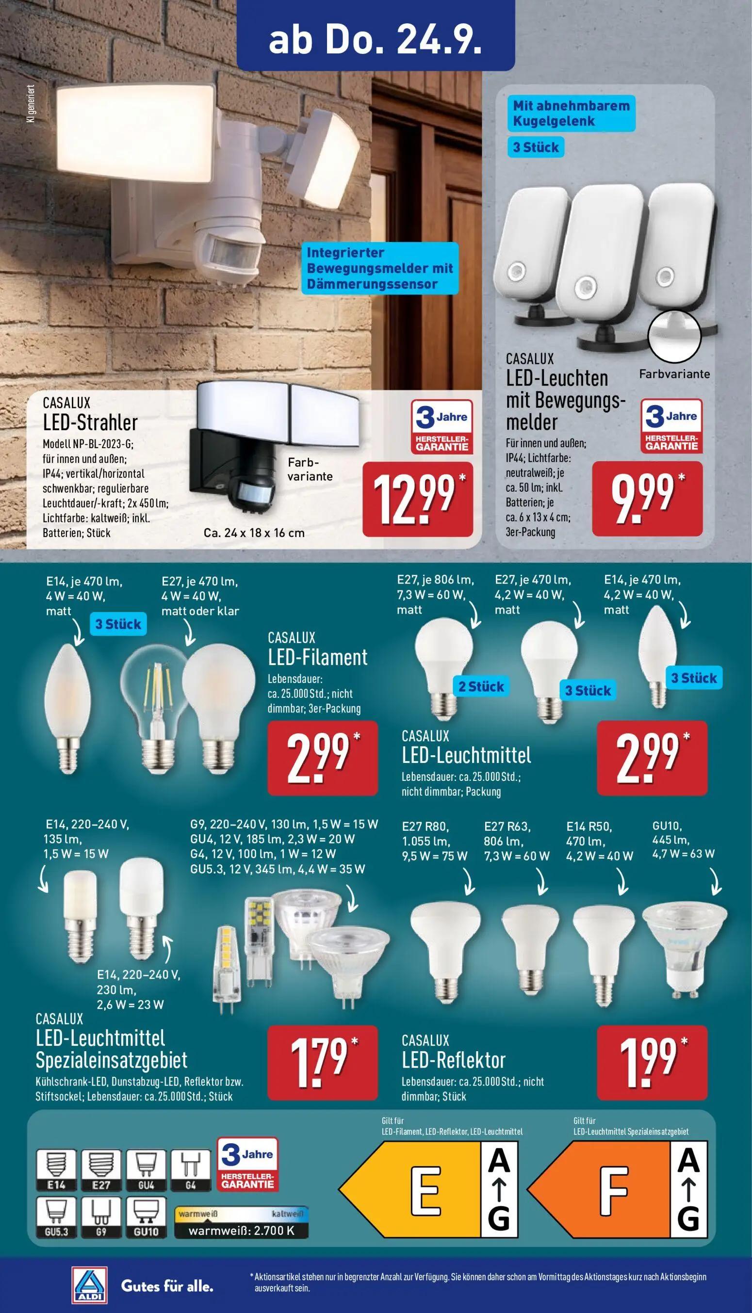Aldi Nord Prospekt, Seite 14 von 14 — CASALUX LED-Strahler Modell NP-BL-2023-G; für innen und außen; IP44; vertikal/horizont…