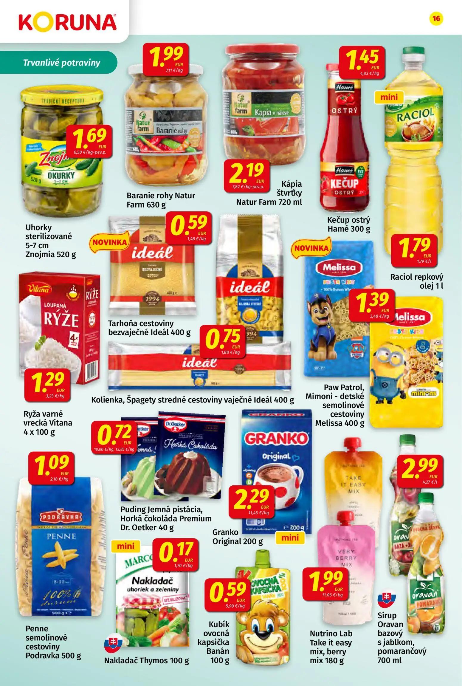 Koruna leták, strana 16 z 24 — Uhorky sterilizované Znojmia, Baranie rohy Natur Farm, Kápia štvrťky Natur Farm