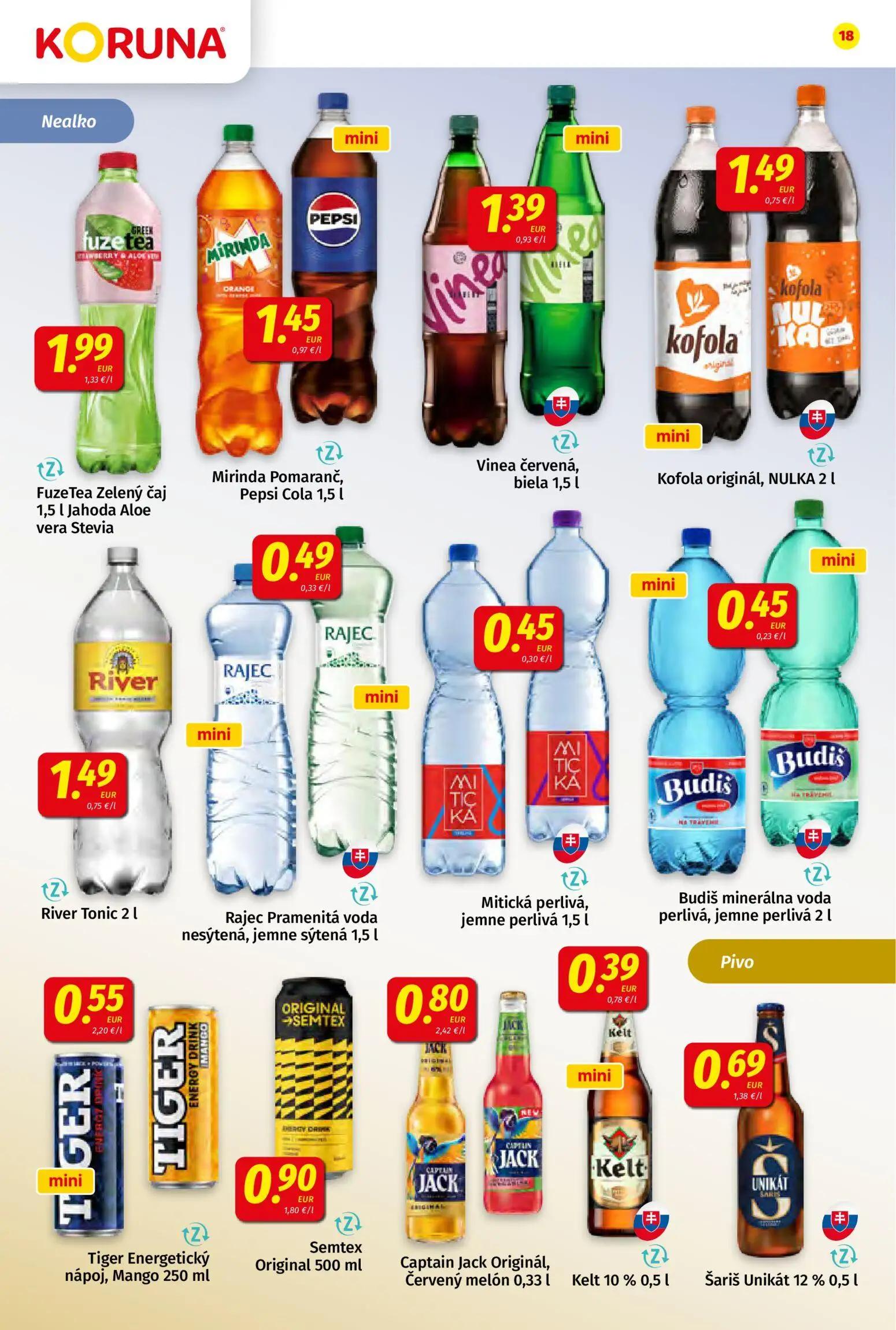 Koruna leták, strana 18 z 24 — FuzeTea Zelený čaj, Mirinda Pomaranč, Pepsi Cola, Vinea červená, biela