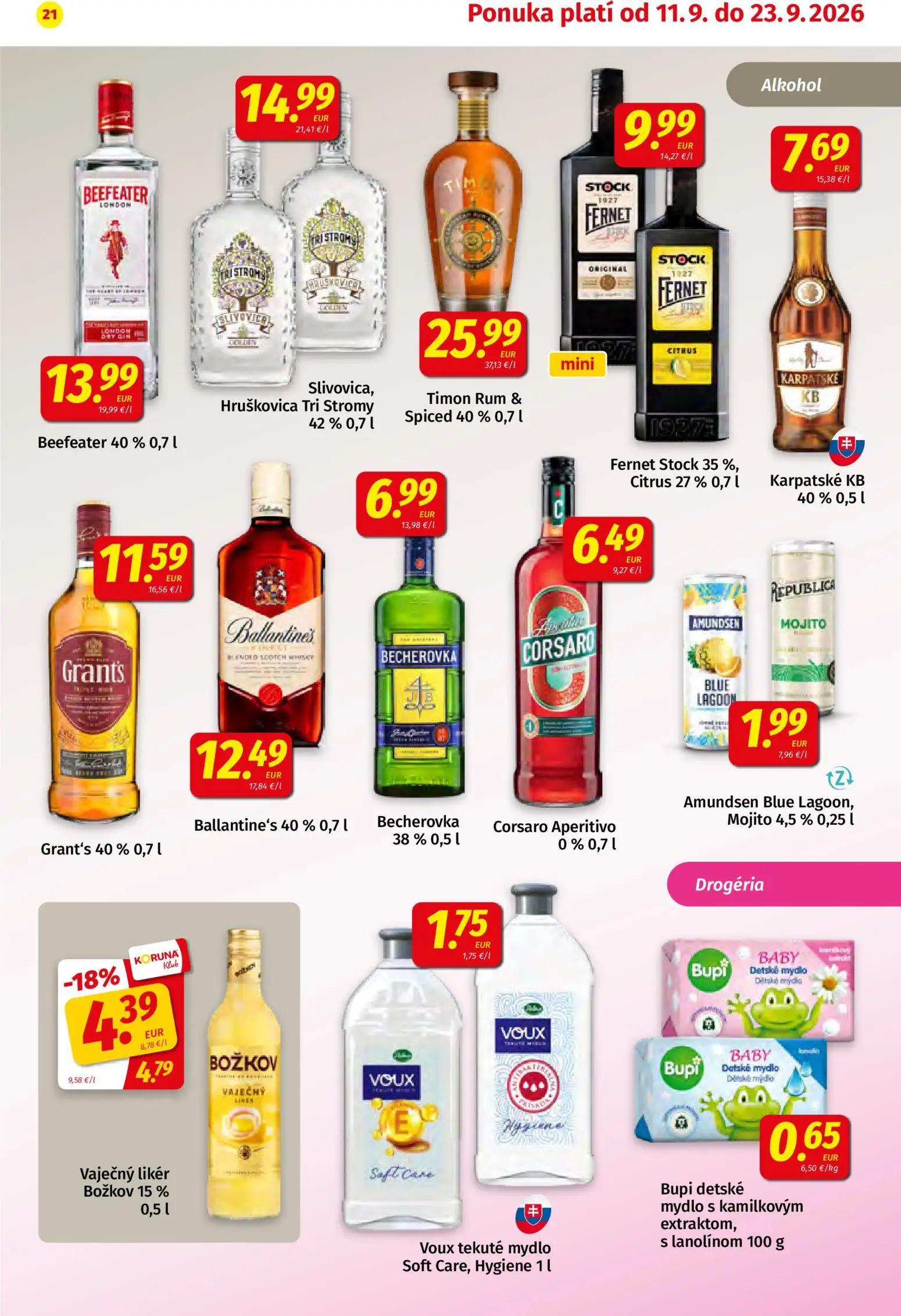 Koruna leták, strana 21 z 24 — Vaječný likér Božkov, Beefeater, Slivovica, Hruškovica Tri Stromy