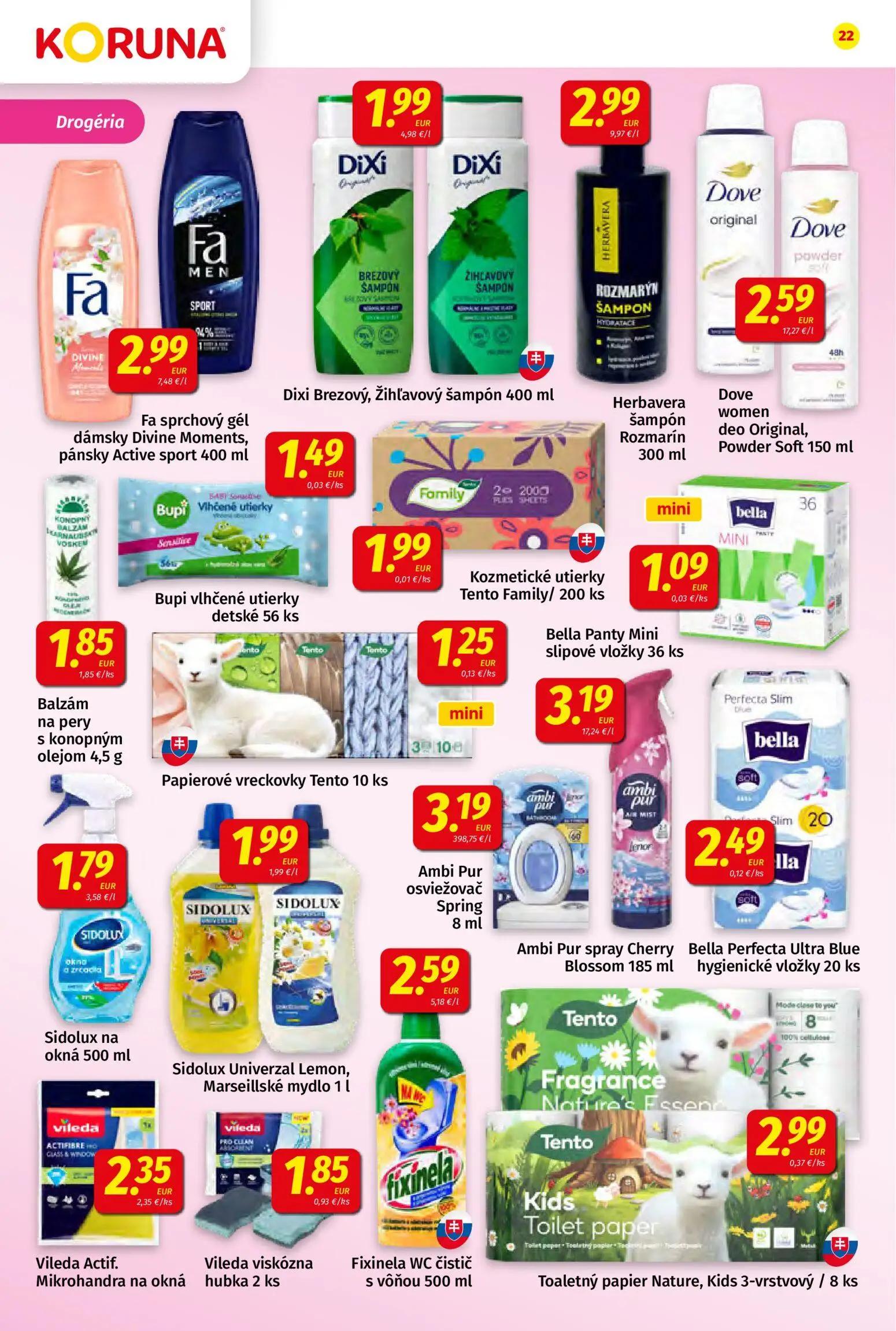 Koruna leták, strana 22 z 24 — Fa sprchový gél dámsky Divine Moments, pánsky Active sport, Dixi Brezový, žihľavový šampón, H…