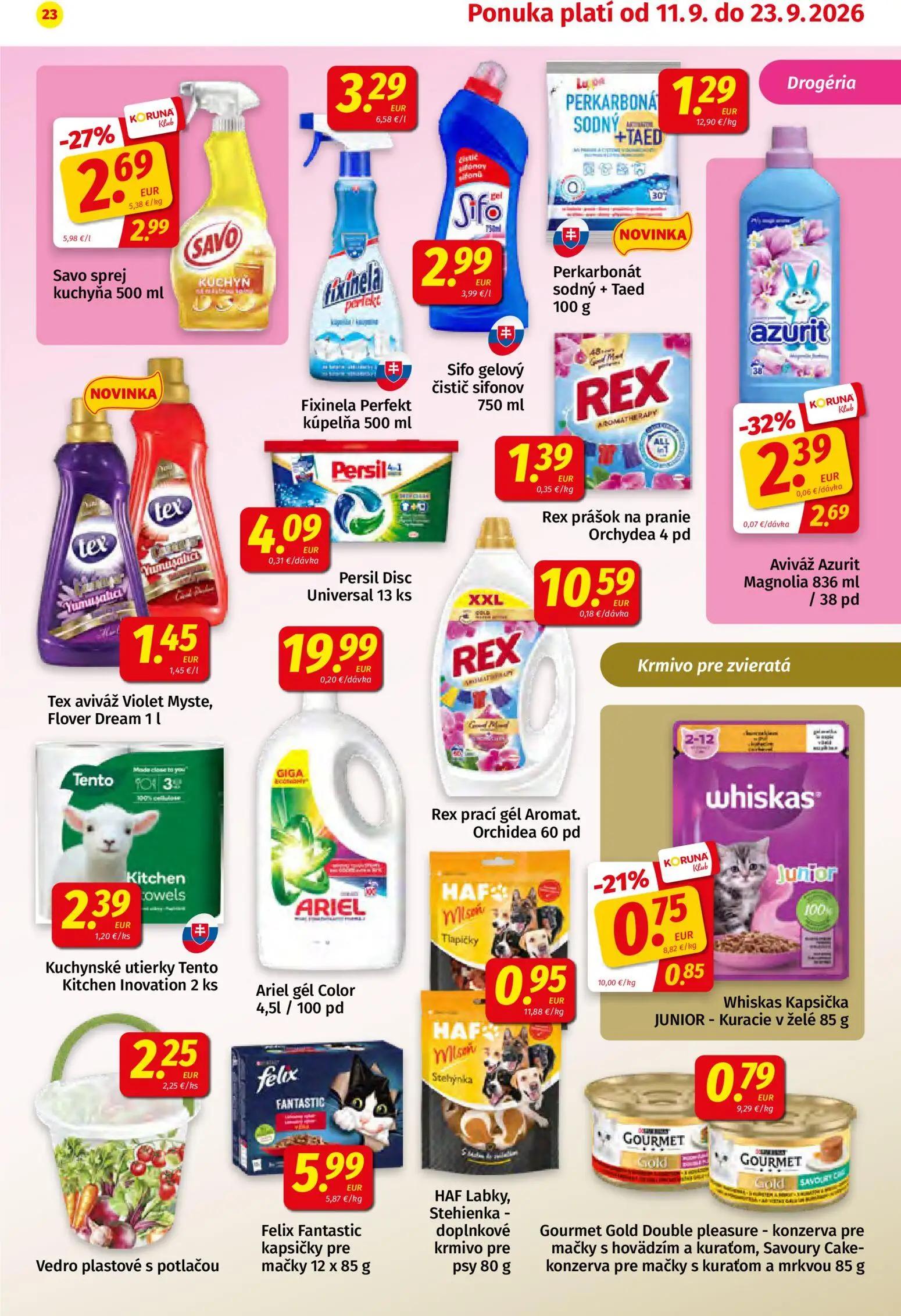 Koruna leták, strana 23 z 24 — Savo sprej kuchyňa, Aviváž Azurit Magnolia, Whiskas Kapsička JUNIOR - Kuracie v želé