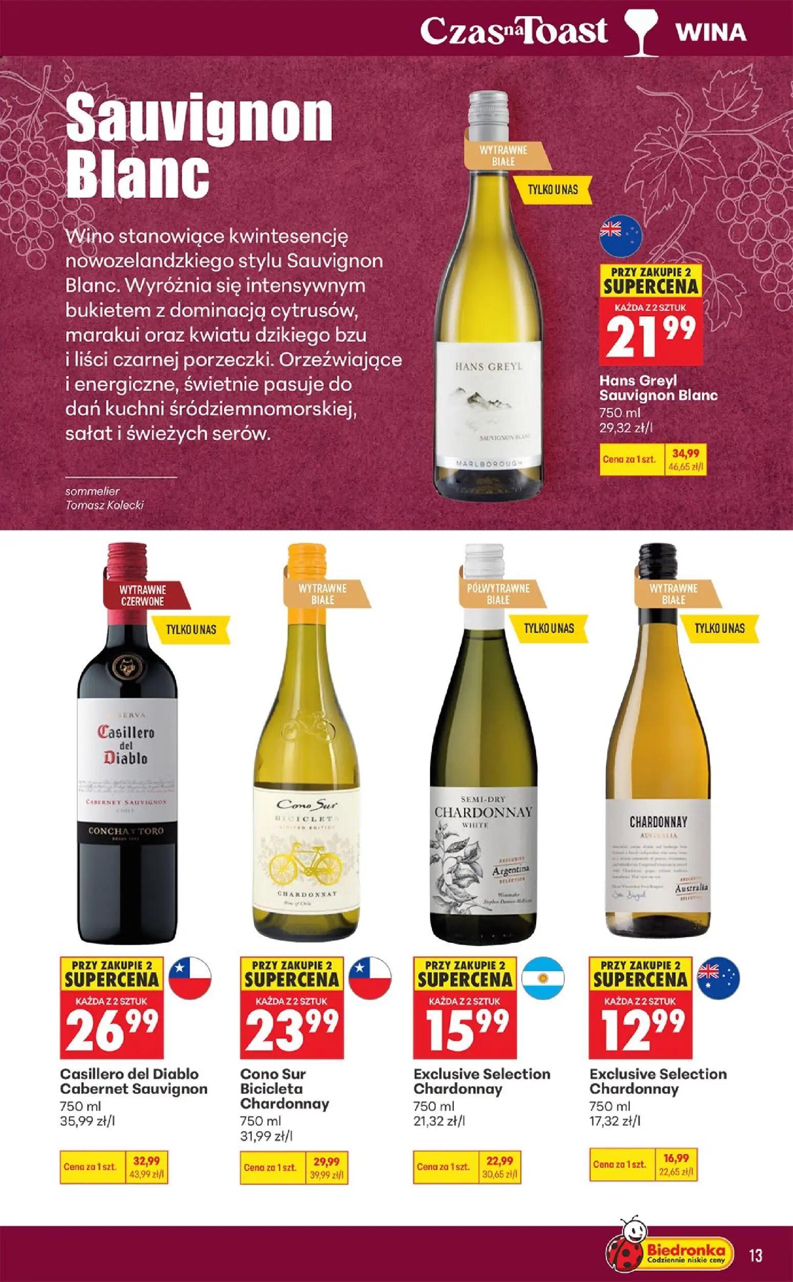 Biedronka gazetka, strona 13 z 36 — Hans Greyl Sauvignon Blanc, Exclusive Selection Chardonnay, Casillero del Diablo Caberne…