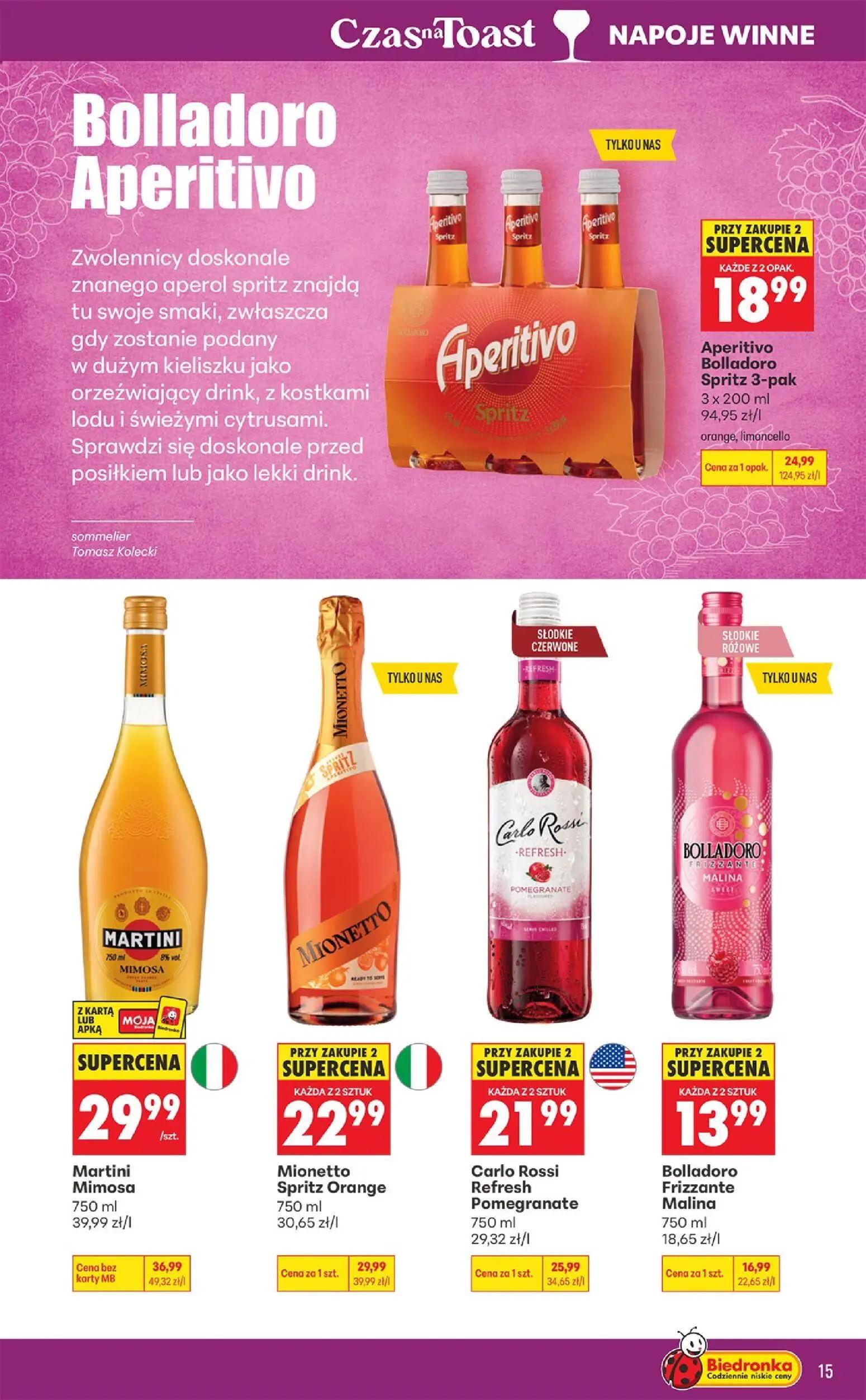 Biedronka gazetka, strona 15 z 36 — Aperitivo Bolladoro Spritz 3-pak, Martini Mimosa, Mionetto Spritz Orange