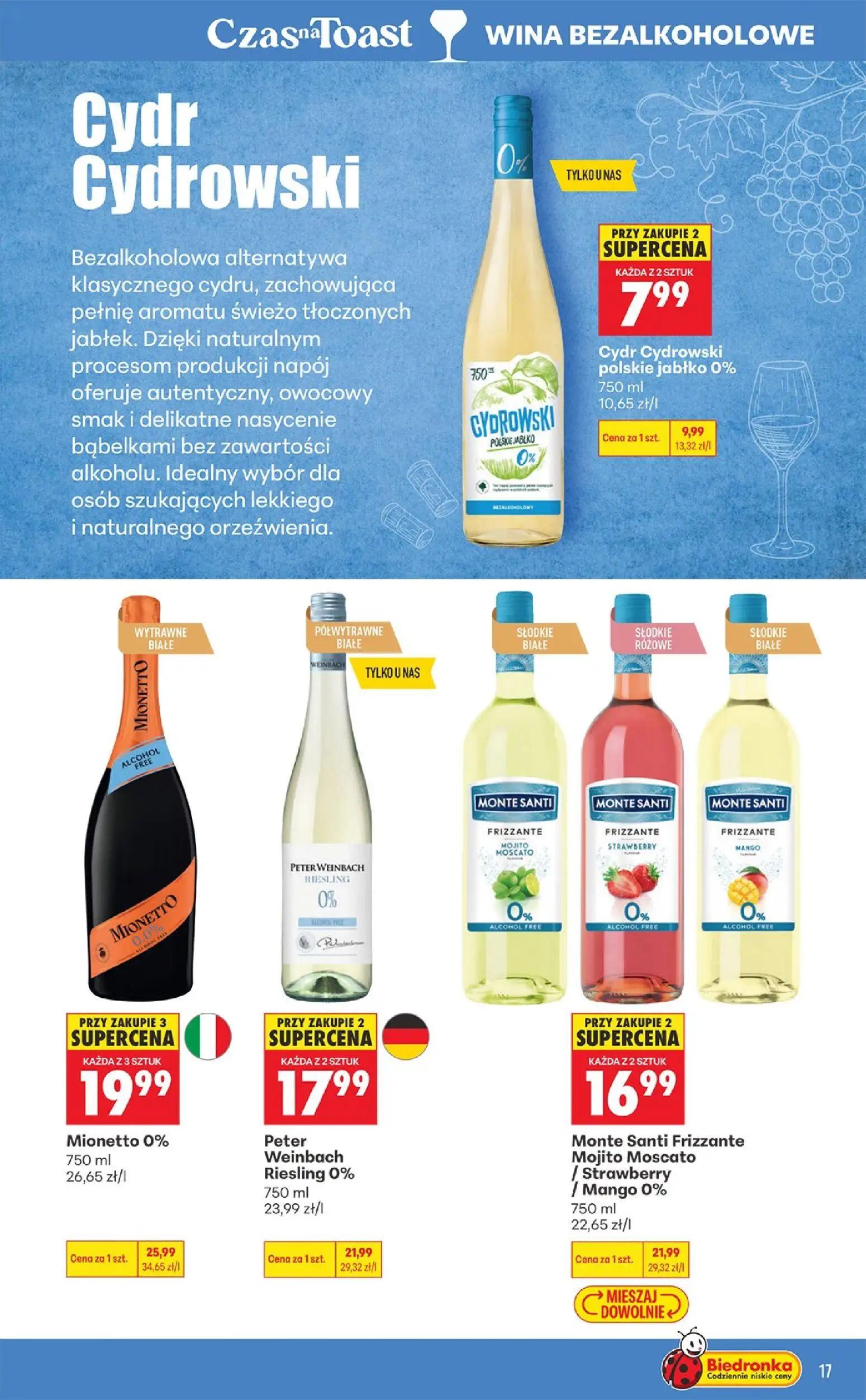 Biedronka gazetka, strona 17 z 36 — Mionetto 0%, Monte Santi Frizzante Mojito Moscato / Strawberry / Mango 0%, Peter Weinbac…