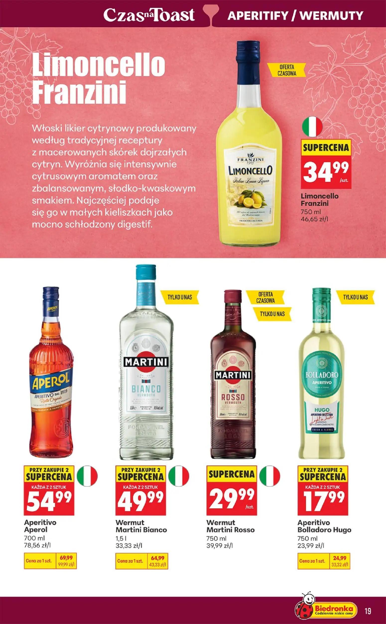 Biedronka gazetka, strona 19 z 36 — Aperitivo Aperol, Wermut Martini Bianco, Aperitivo Bolladoro Hugo
