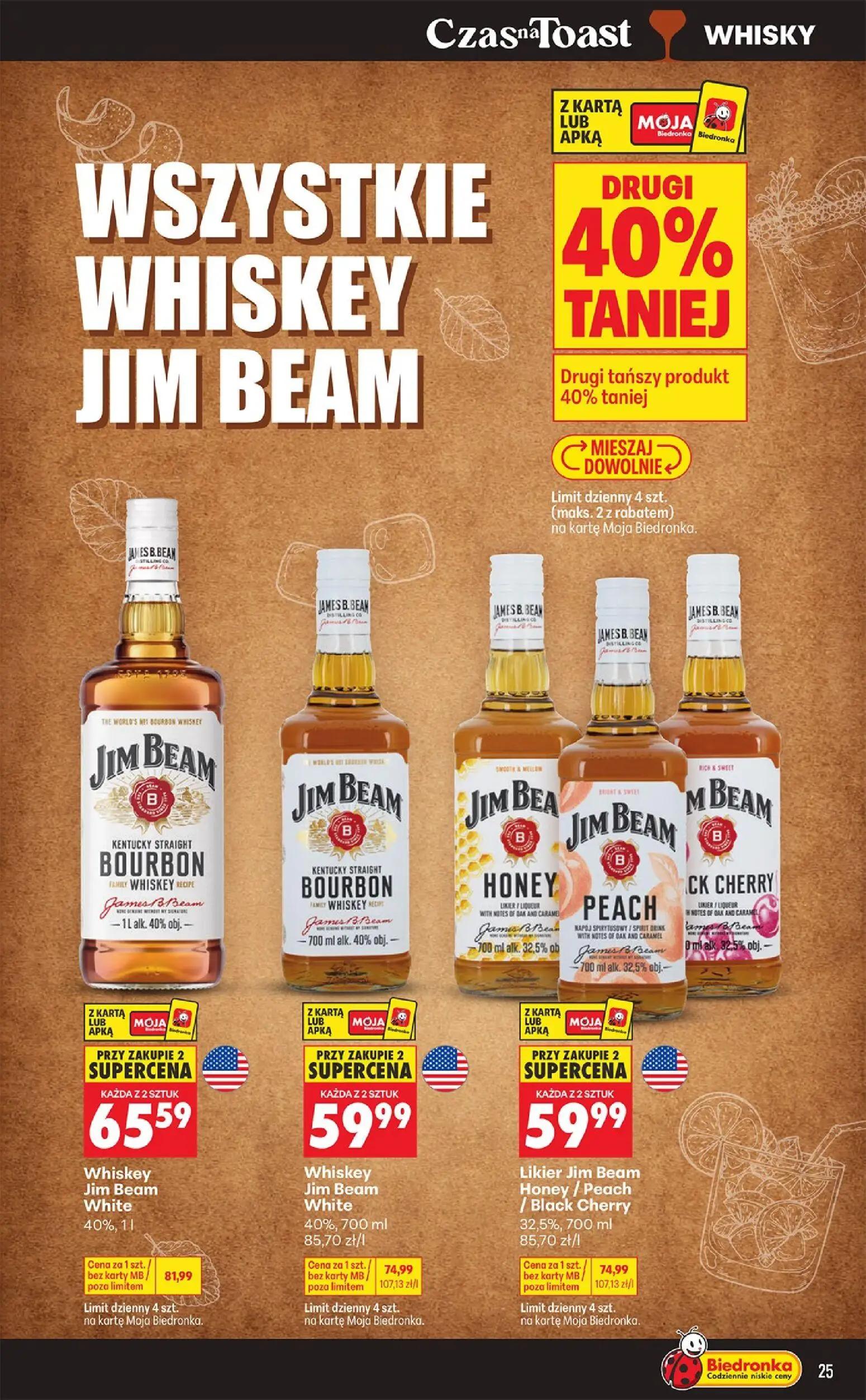 Biedronka gazetka, strona 25 z 36 — Whiskey Jim Beam White, Whiskey Jim Beam White, Likier Jim Beam Honey / Peach / Black Ch…
