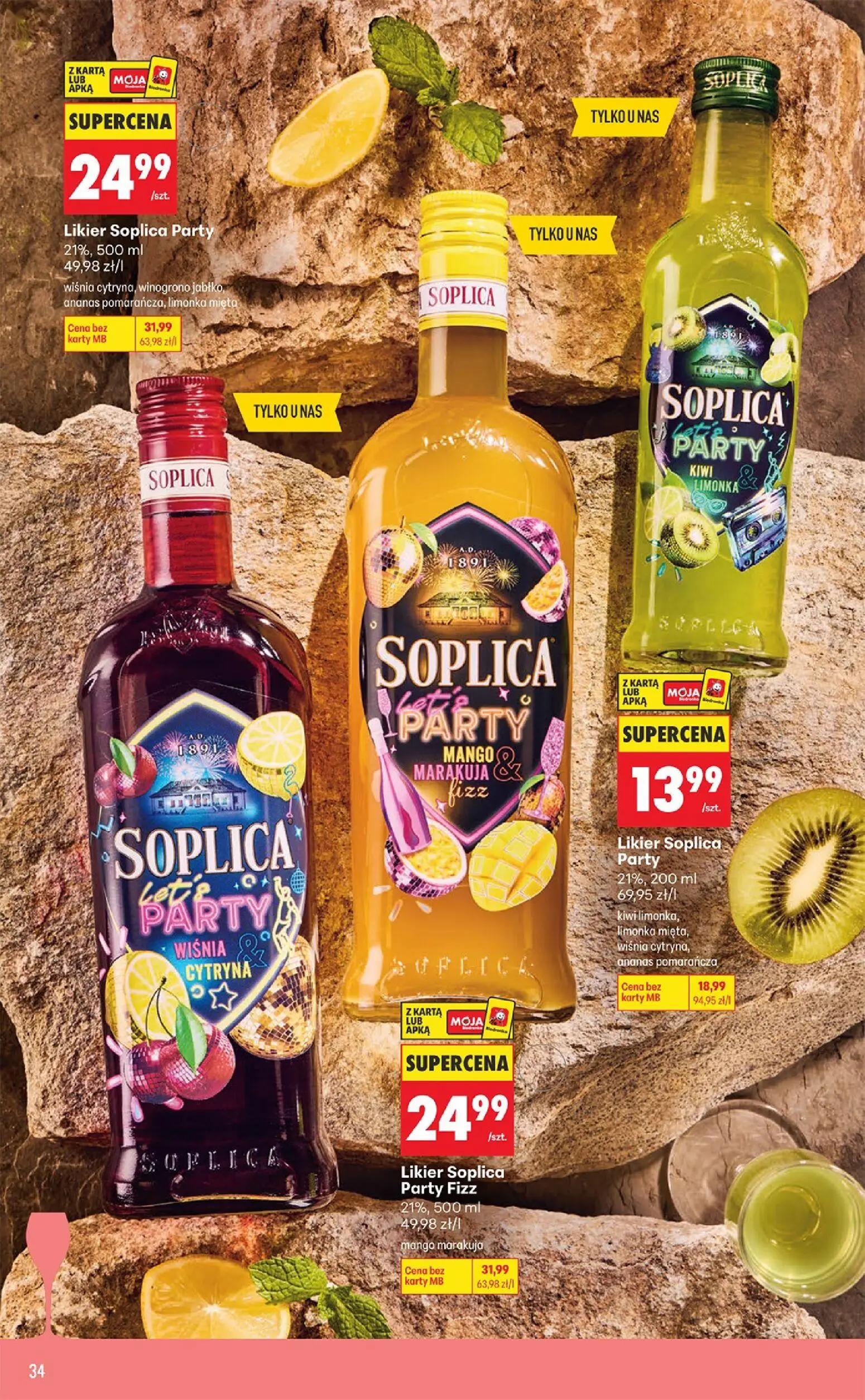 Biedronka gazetka, strona 34 z 36 — Likier Soplica Party wiśnia cytryna, winogrono jabłko, ananas pomarańcza, limonka mięta,…