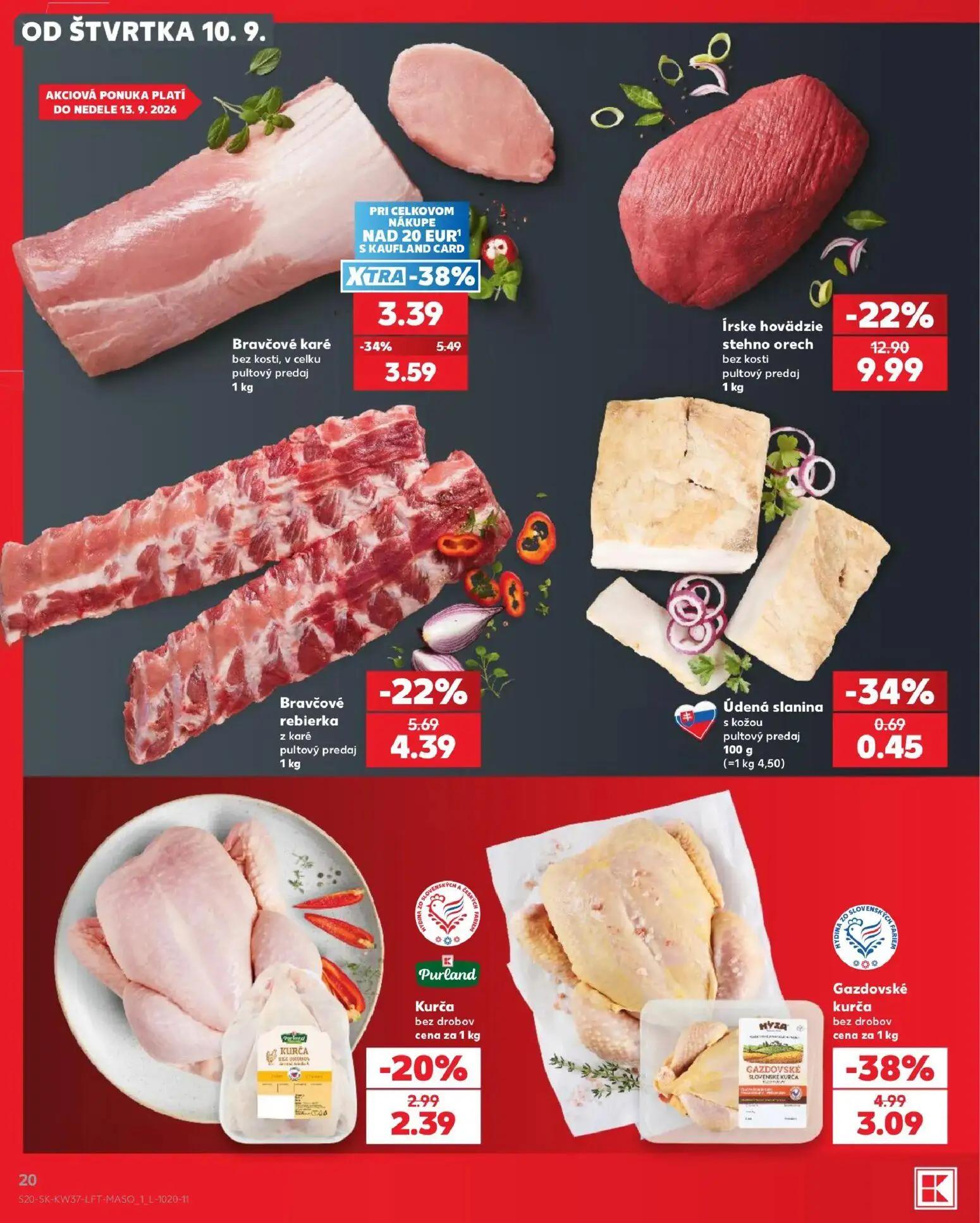 Kaufland leták, strana 20 z 84 — Írske hovädzie stehno orech bez kosti pultový predaj, Bravčové karé bez kosti, v celku pult…
