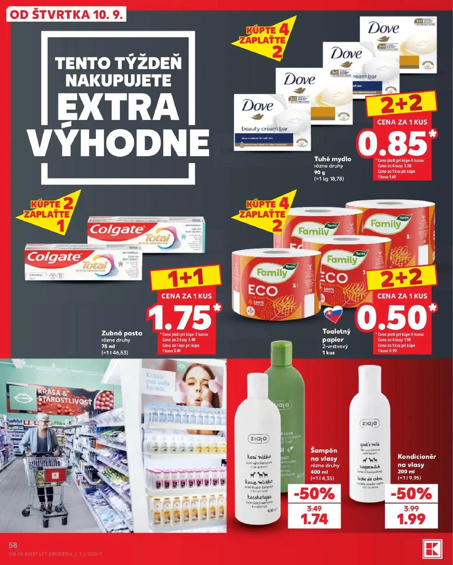 Kaufland leták, strana 58 z 84 — Šampón na vlasy, Tuhé mydlo, Zubná pasta