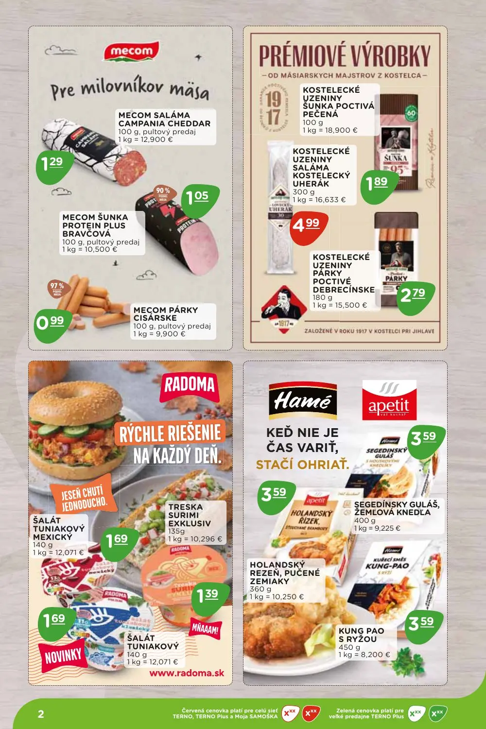 Terno leták, strana 2 z 36 — MECOM SALÁMA CAMPANIA CHEDDAR, KOSTELECKÉ UZENINY ŠUNKA POCTIVÁ PEČENÁ, MECOM ŠUNKA PROTEIN PLU…