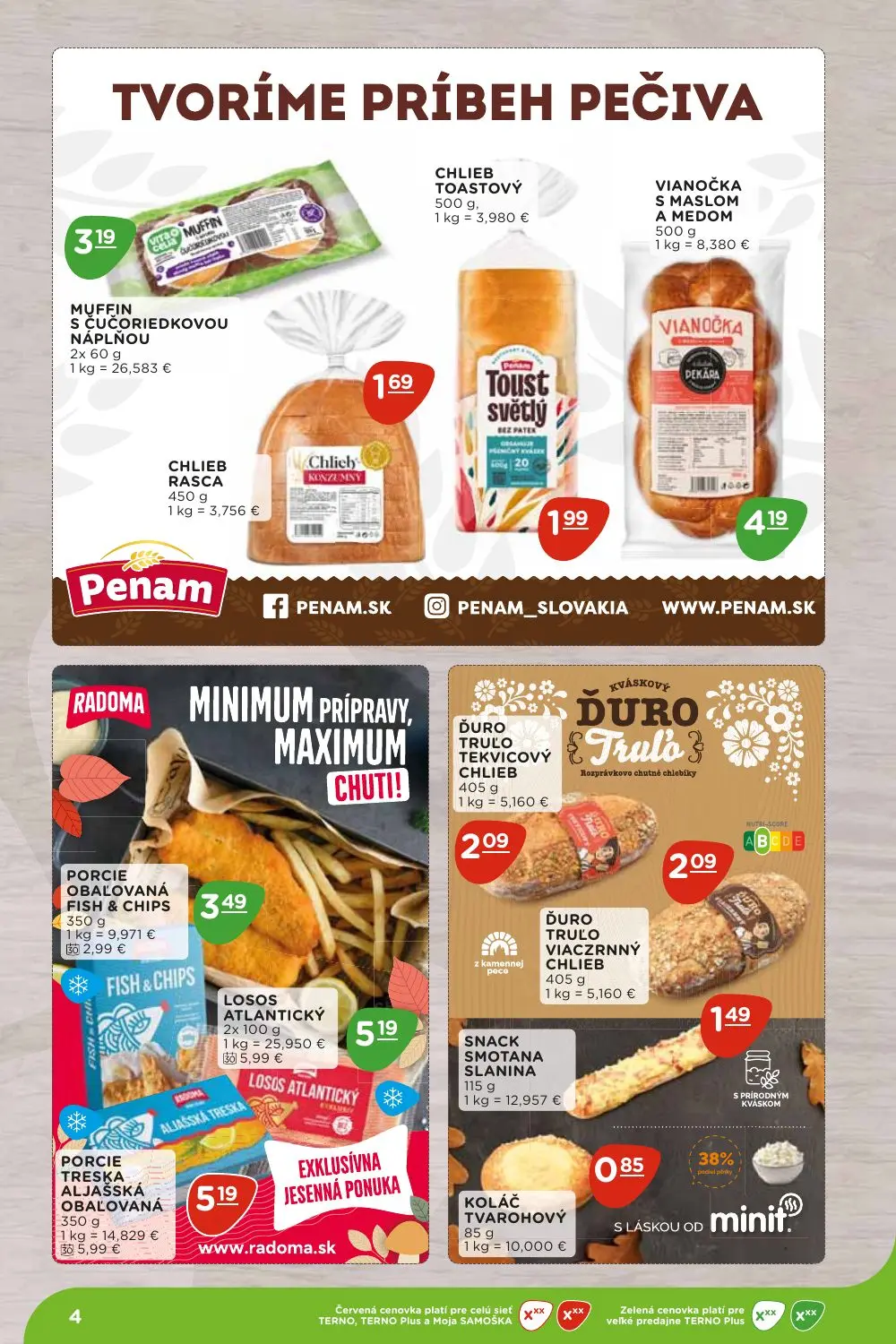Terno leták, strana 4 z 36 — LOSOS ATLANTICKÝ, PORCIE TRESKA ALJAŠSKÁ OBAĽOVANÁ, PORCIE OBAĽOVANÁ FISH & CHIPS