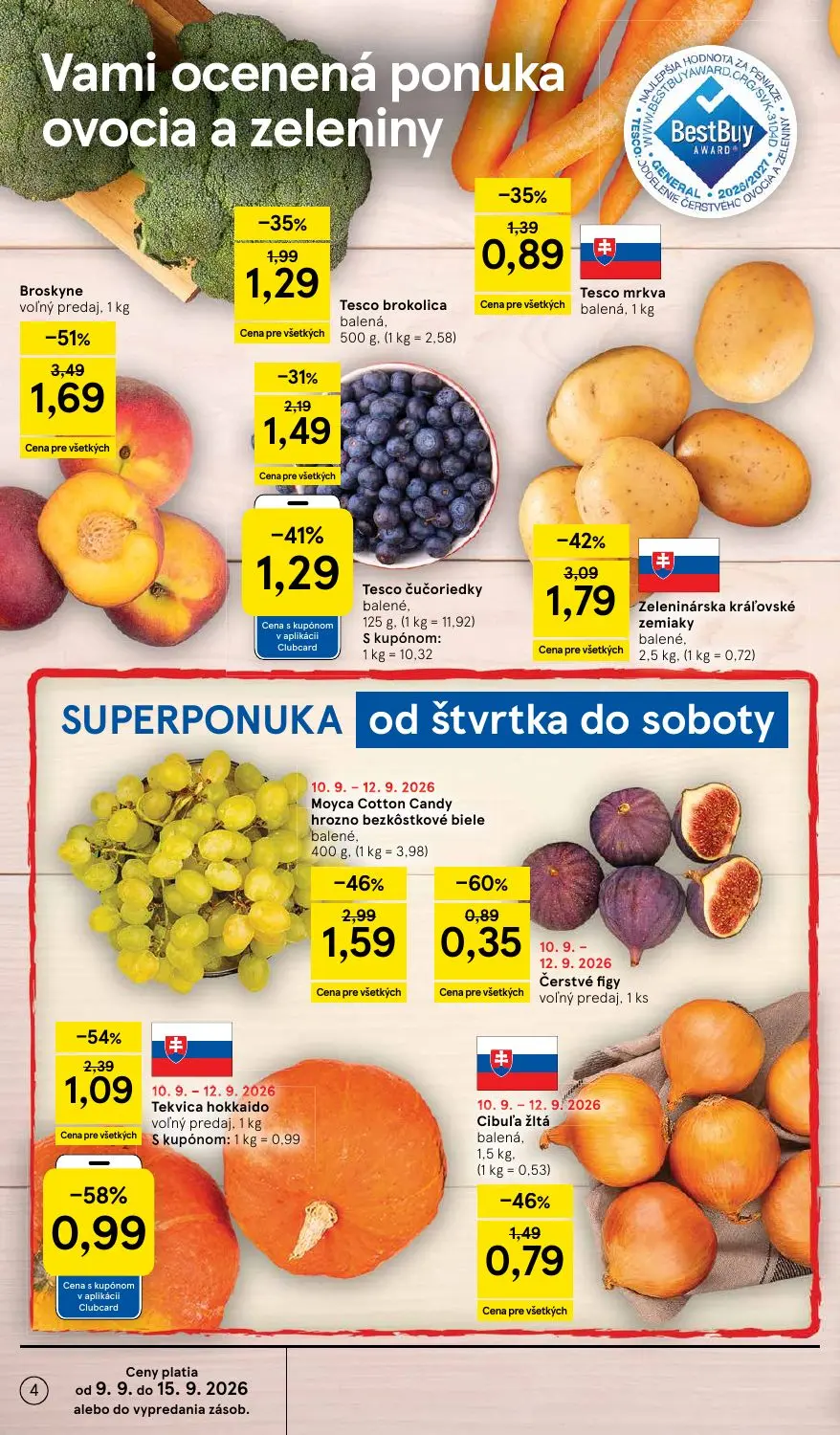 Tesco Supermarket leták, strana 4 z 26 — Broskyne, Moyca Cotton Candy hrozno bezkôstkové biele, Tekvica hokkaido