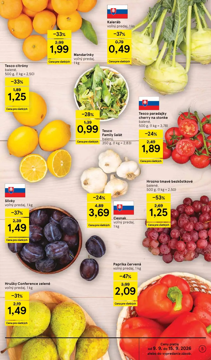 Tesco Supermarket leták, strana 5 z 26 — Paprika červená, Hrozno tmavé bezkôstkové balené, Cesnak