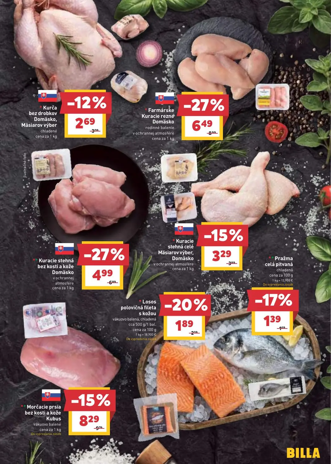 Billa leták, strana 5 z 31 — Farmárske Kuracie rezne Domäsko, Kuracie stehná bez kosti a kože Domäsko, Morčacie prsia bez ko…