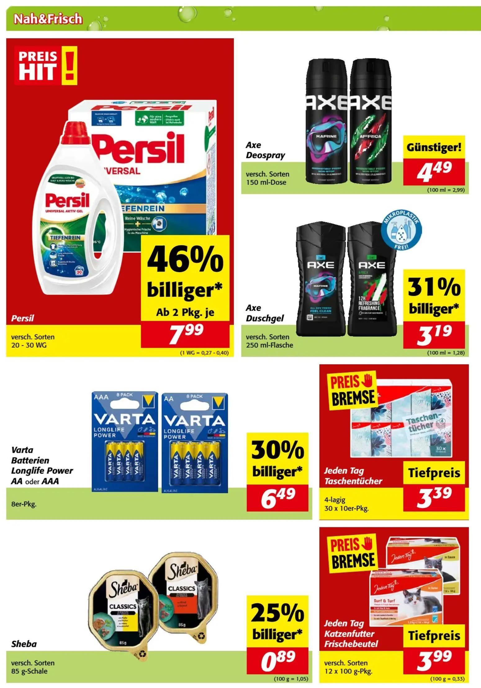 Nah & Frisch Prospekt, Seite 4 von 8 — Persil, Varta Batterien Longlife Power AA oder AAA, Axe Duschgel