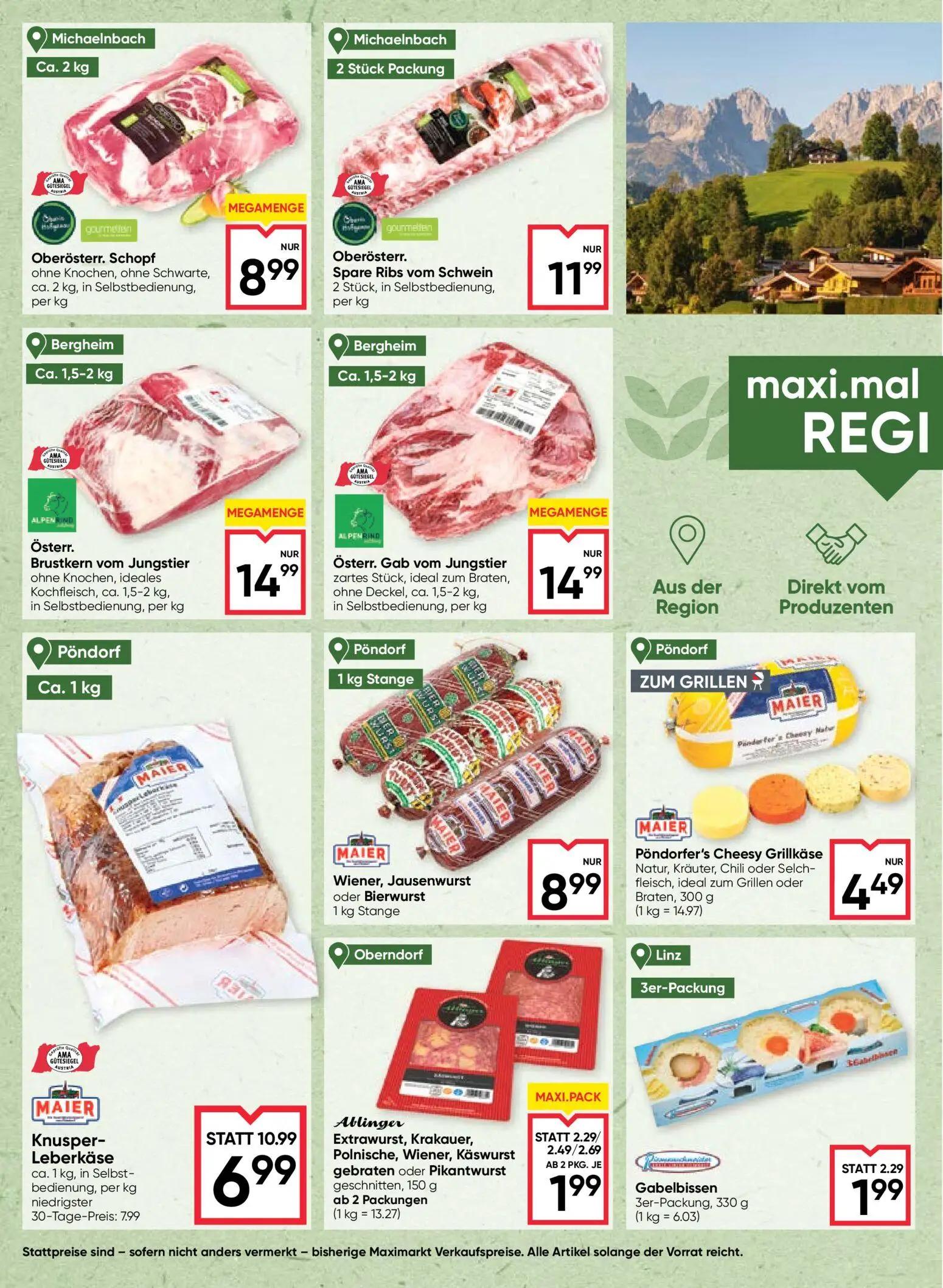 Maximarkt Prospekt, Seite 4 von 24 — Knusper-Leberkäse, Ablinger Extrawurst, Krakauer, Polnische, Wiener, Käswurst gebraten …