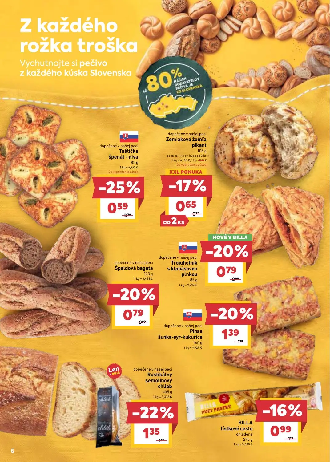 Billa leták, strana 6 z 31 — Rustikálny semolinový chlieb, Pinsa šunka-syr-kukurica, Taštička špenát - niva