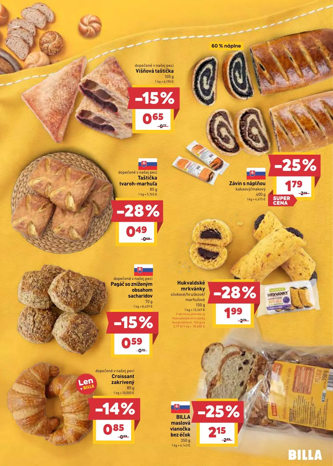Billa leták, strana 7 z 31 — Hukvaldské mrkvánky slivkové/hruškové/marhuľové, BILLA maslová vianočka bez éčok, Závin s náplň…