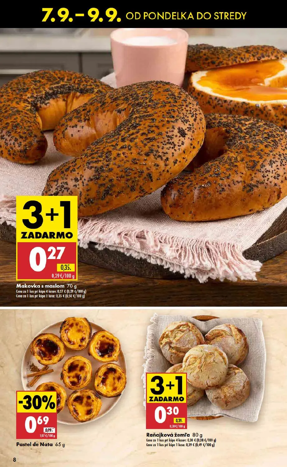 Biedronka leták, strana 8 z 11 — Pastel de Nata, Raňajková žemľa, Makovka s maslom