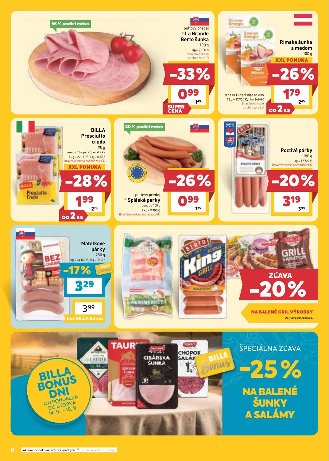Billa leták, strana 8 z 31 — BILLA Prosciutto crudo, Poctivé párky, Matelkove párky