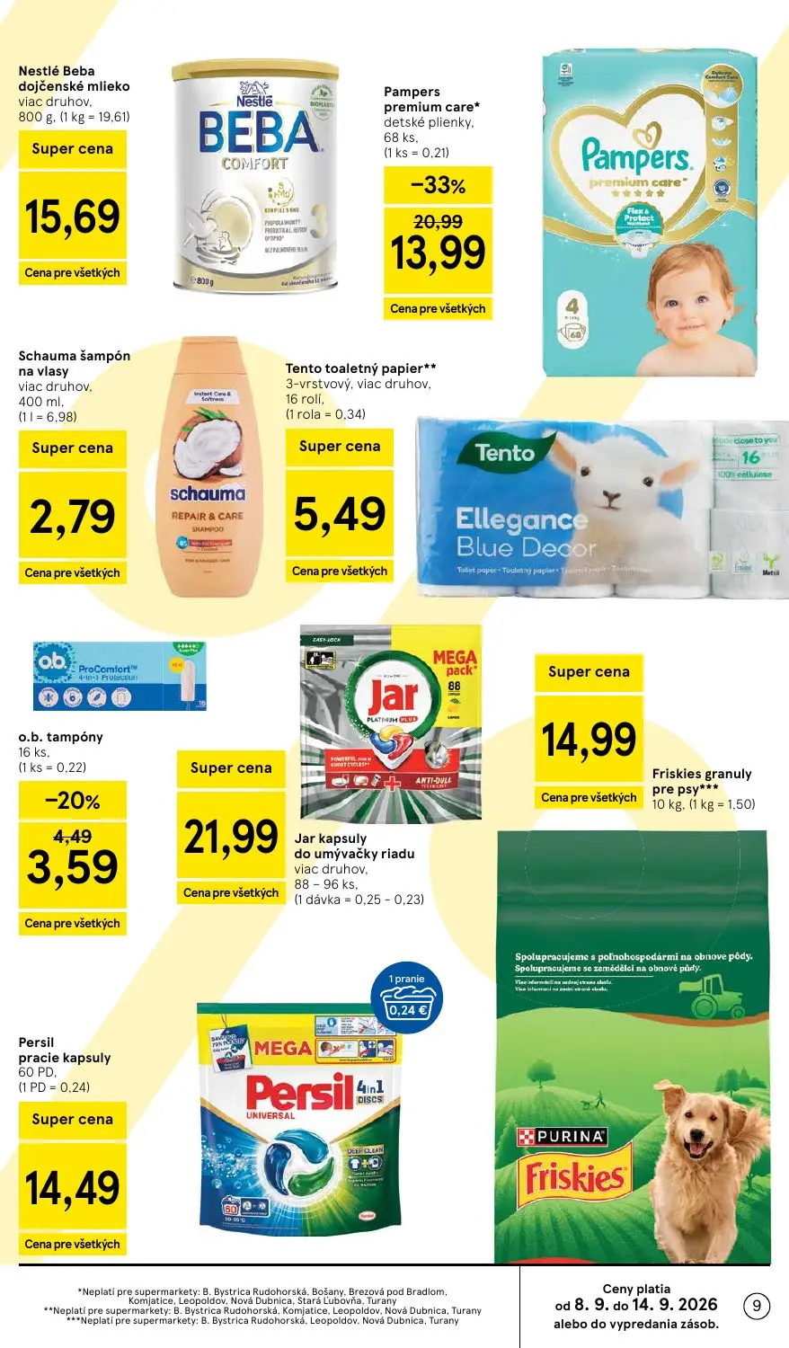 Tesco Supermarket leták, strana 9 z 26 — Pampers premium care detské plienky, Nestlé Beba dojčenské mlieko