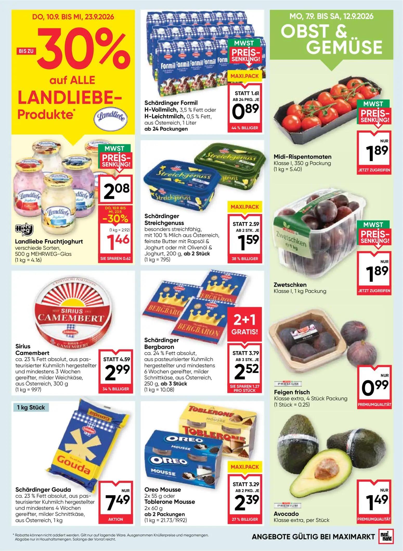 Maximarkt Prospekt, Seite 9 von 24 — Sirius Camembert ca. 23 % Fett absolut, aus pasteurisierter Kuhmilch hergestellter und …