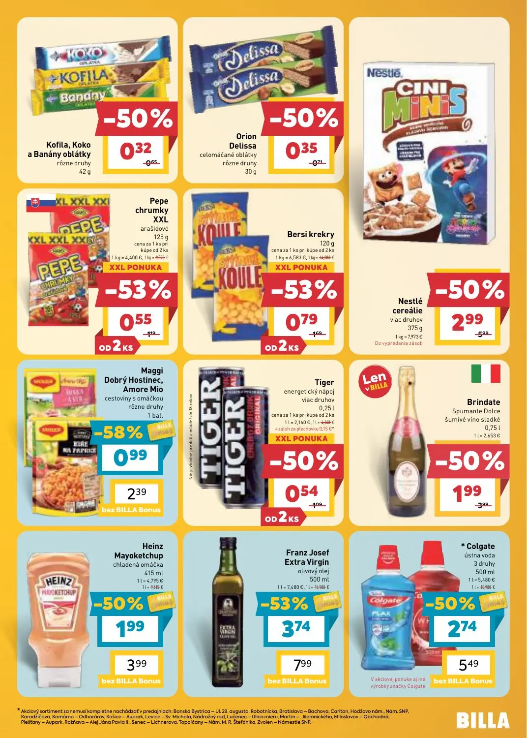 Billa leták, strana 13 z 31 — Franz Josef Extra Virgin olivový olej, Nestlé cereálie, Colgate ústna voda