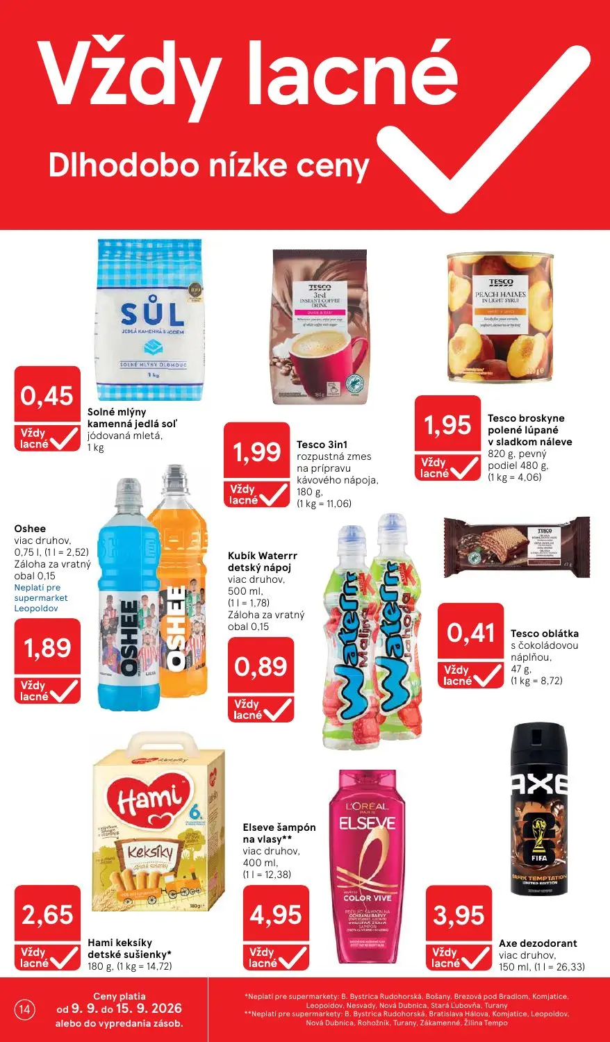 Tesco Supermarket leták, strana 14 z 26 — Solné mlýny kamenná jedlá soľ jódovaná mletá, Kubík Waterrr detský nápoj viac druh…