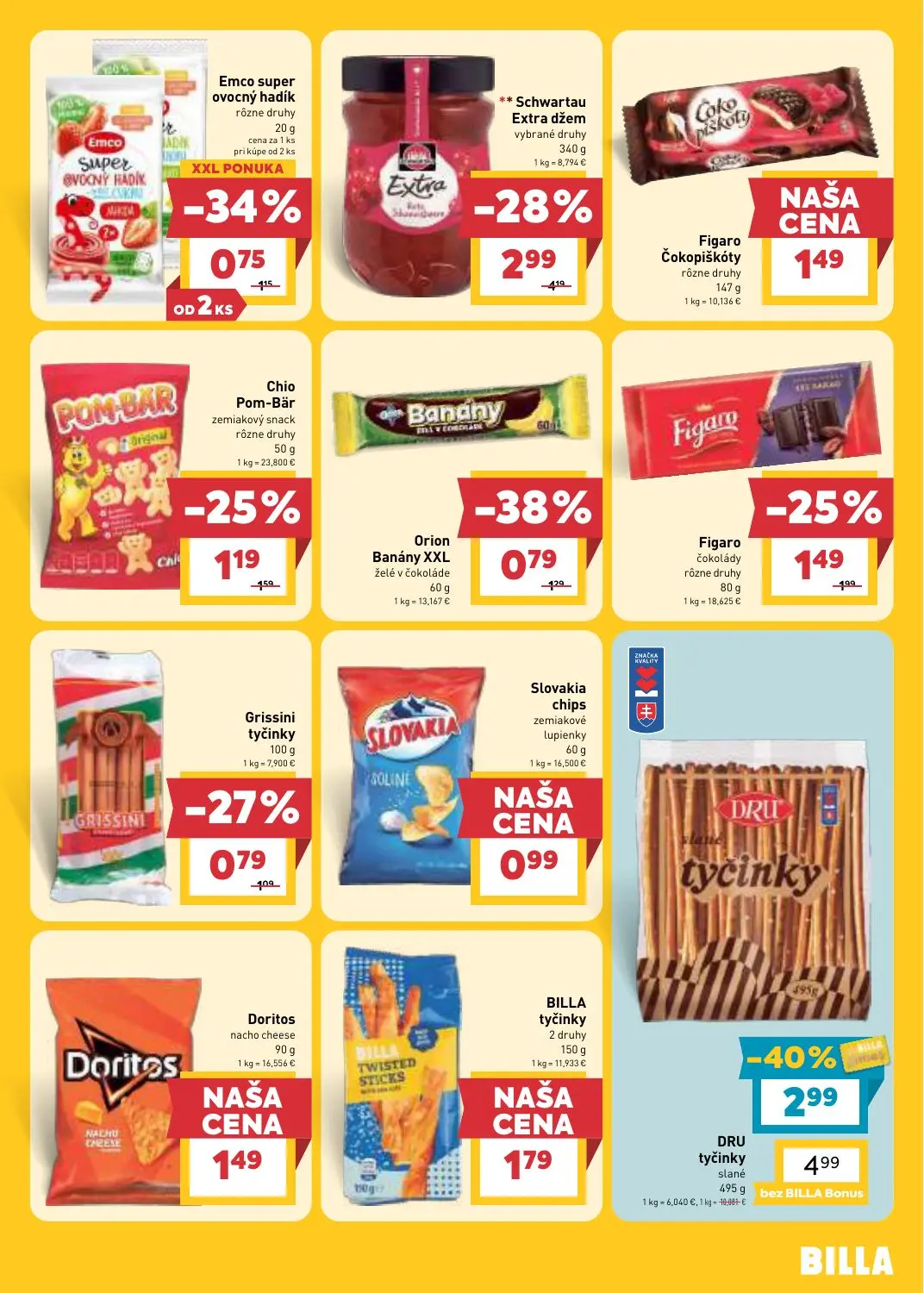 Billa leták, strana 15 z 31 — DRU tyčinky slané, Orion Banány XXL želé v čokoláde, Figaro čokolády
