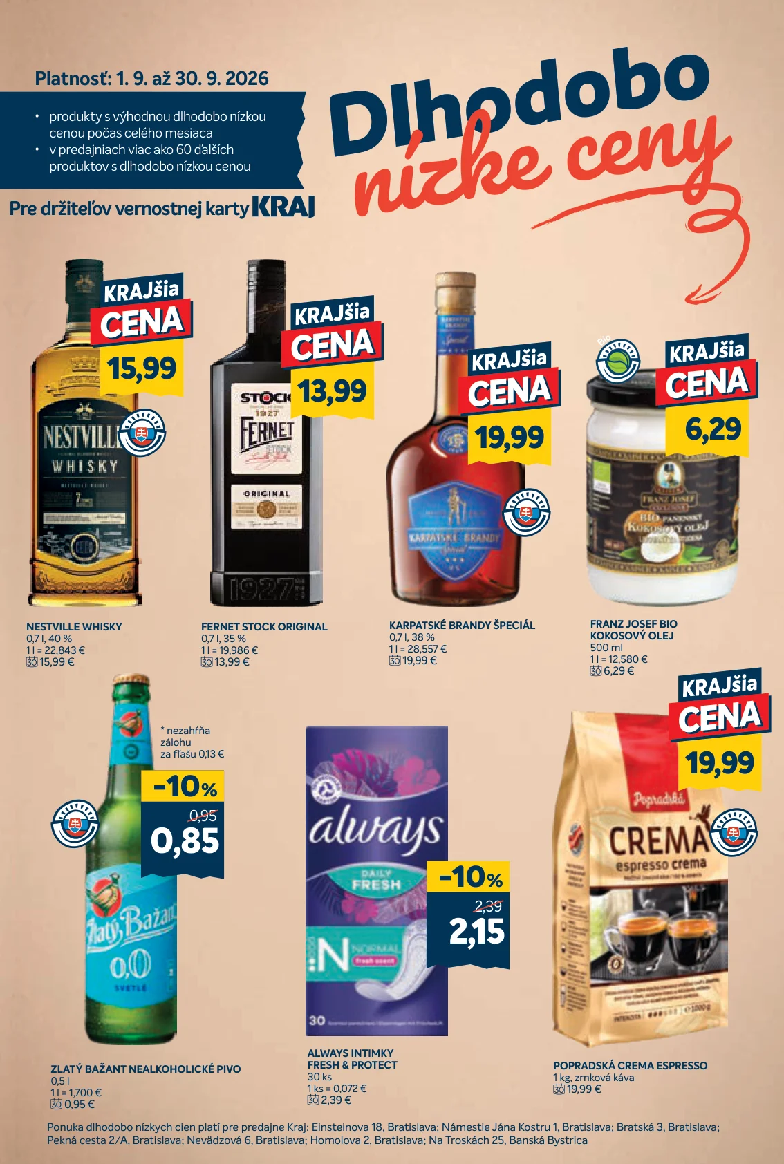 Kraj leták, strana 15 z 16 — ALWAYS INTIMKY FRESH & PROTECT, ZLATÝ BAŽANT NEALKOHOLICKÉ PIVO, NESTVILLE WHISKY