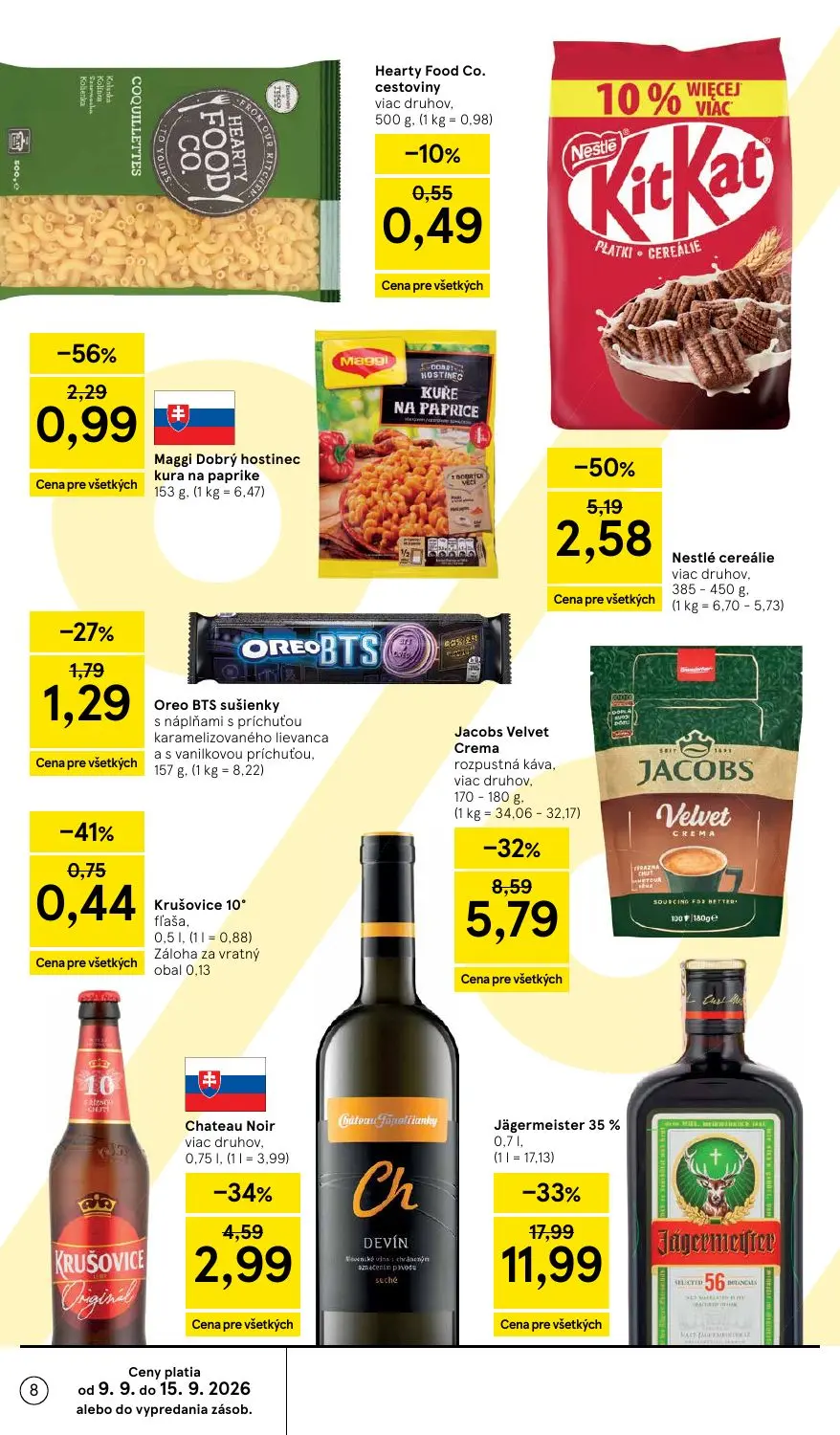 Tesco leták, strana 8 z 46 — Jacobs Velvet Crema rozpustná káva, Oreo BTS sušienky s náplňami s príchuťou karamelizovaného l…