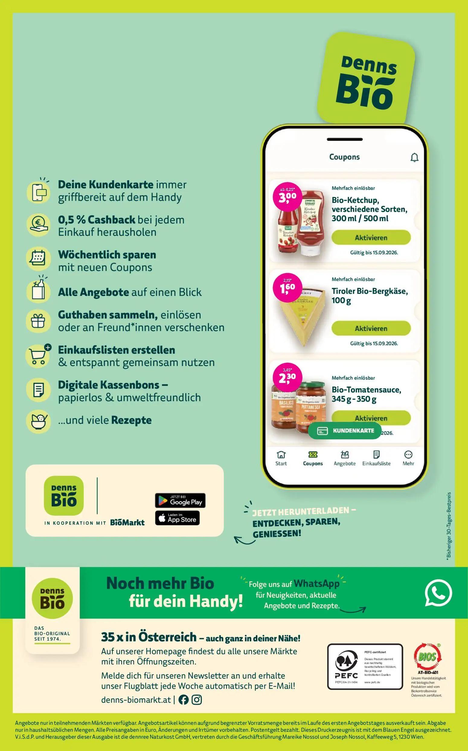 Denns BioMarkt Prospekt, Seite 14 von 14 — Bio-Ketchup, verschiedene Sorten, Bio-Tomatensauce, Tiroler Bio-Bergkäse