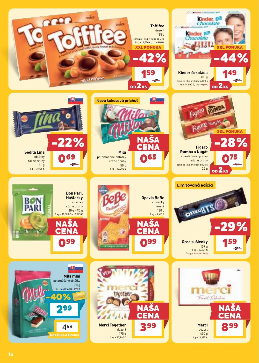 Billa leták, strana 16 z 31 — Mila mini polomáčané oblátky, Kinder čokoláda, Toffifee dezert