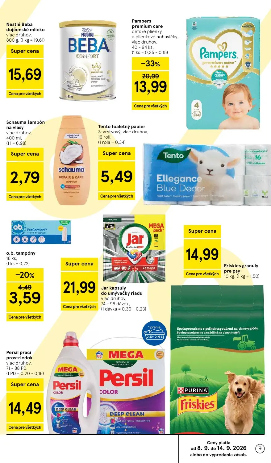 Tesco leták, strana 9 z 46 — Pampers premium care detské plienky a plienkové nohavičky, viac druhov, Nestlé Beba dojčenské m…