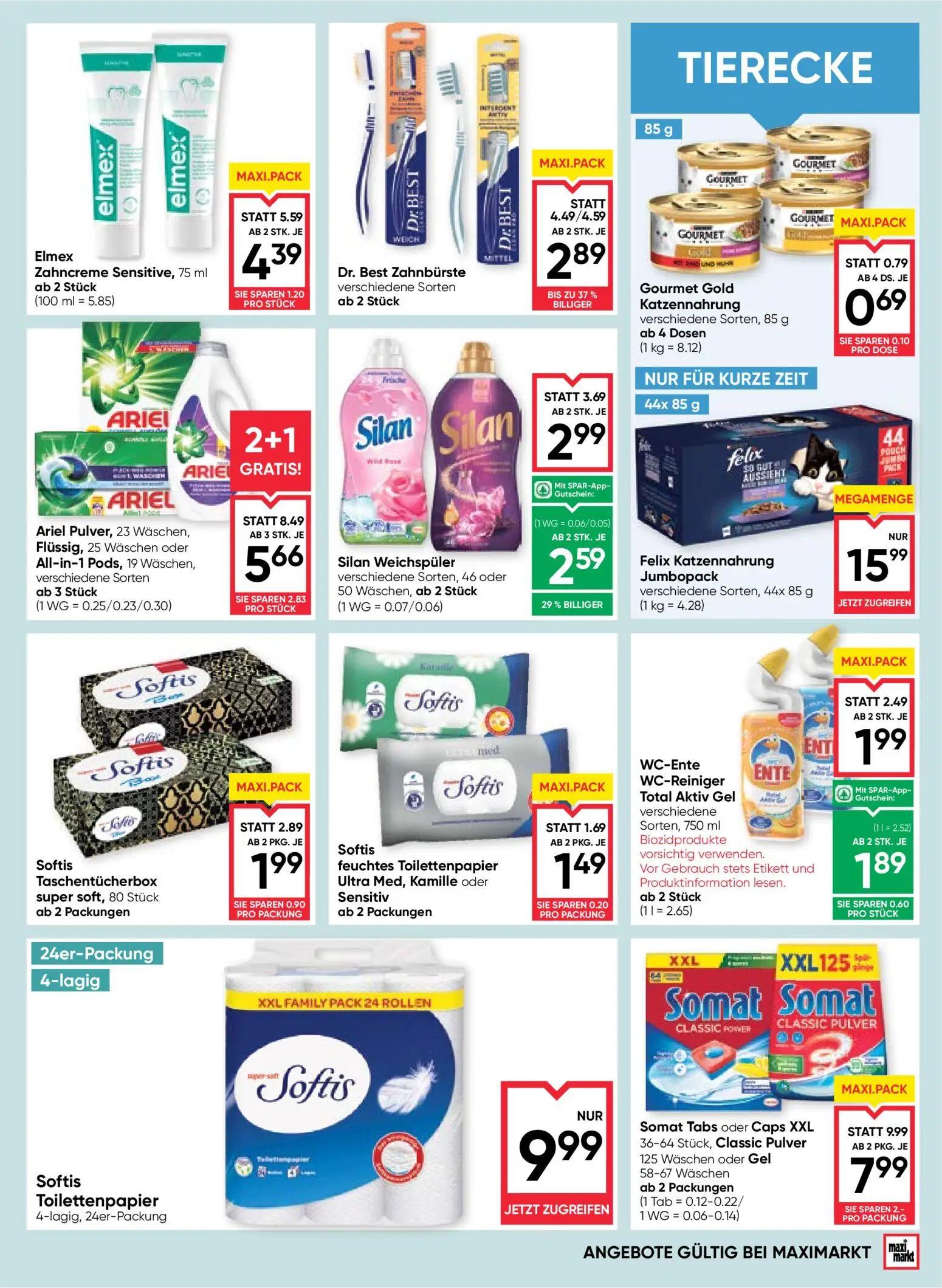 Maximarkt Prospekt, Seite 15 von 24 — Ariel Pulver, 23 Wäschen, Flüssig, 25 Wäschen oder All-in-1 Pods, 19 Wäschen, Somat Ta…