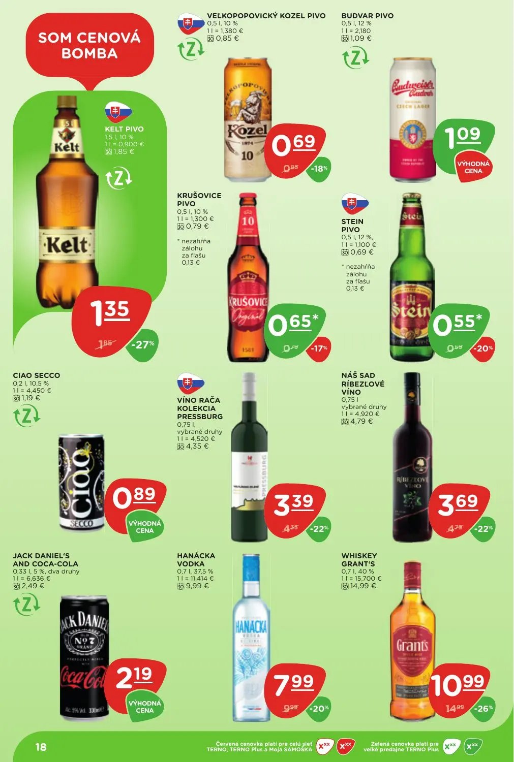 Terno leták, strana 18 z 25 — WHISKEY GRANT'S, HANÁCKA VODKA, NÁŠ SAD RÍBEZĽOVÉ VÍNO
