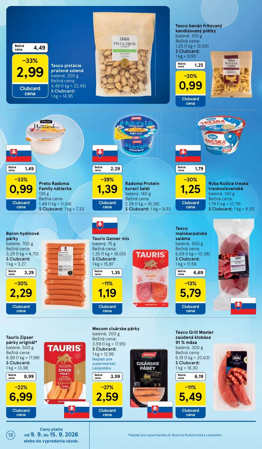 Tesco Supermarket leták, strana 18 z 26 — Tauris Zipser párky originál*, Baron hydinové párky, Mecom cisárske párky