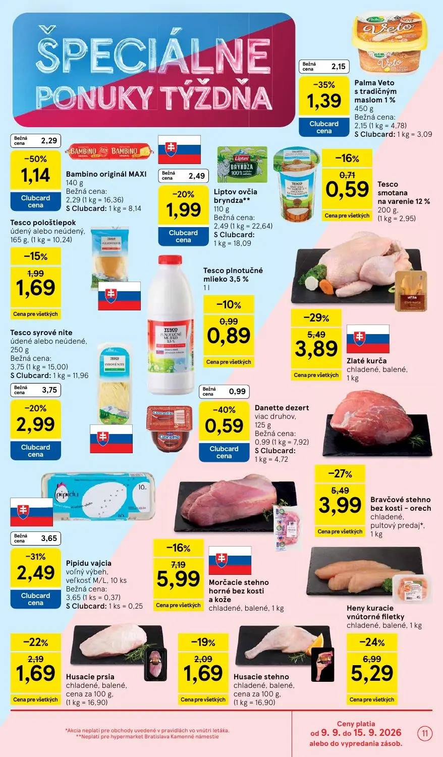Tesco leták, strana 11 z 46 — Bambino originál MAXI, Tesco syrové nite údené alebo neúdené, Liptov ovčia bryndza**