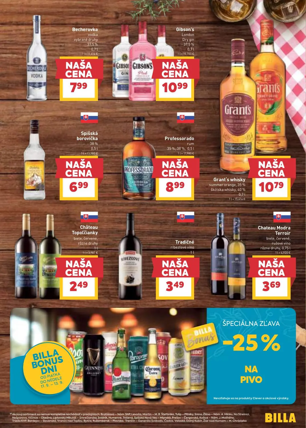 Billa leták, strana 19 z 31 — Becherovka vodka vybrané druhy, Gibson's London Dry gin, Spišská borovička