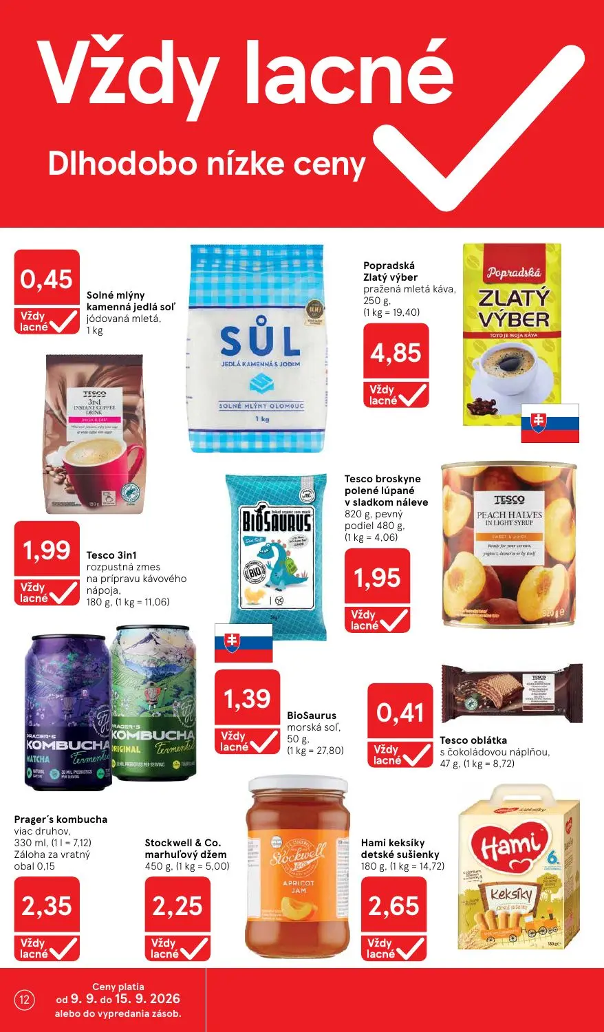 Tesco leták, strana 12 z 46 — Popradská Zlatý výber pražená mletá káva, Tesco 3in1 rozpustná zmes na prípravu kávového nápoj…