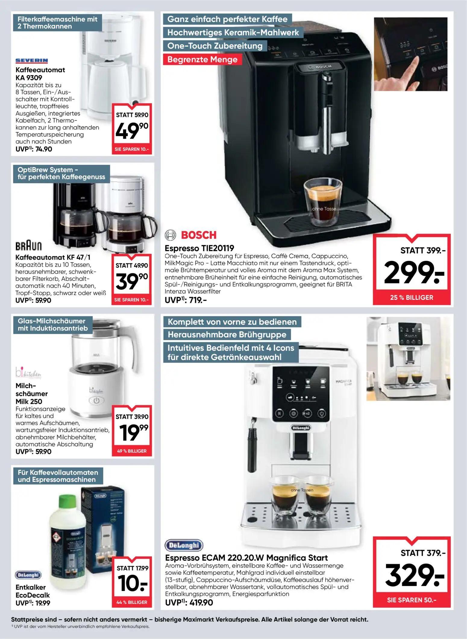 Maximarkt Prospekt, Seite 18 von 24 — BOSCH Espresso TIE20119, DeLonghi Espresso ECAM 220.20.W Magnifica Start, Milch-schäum…