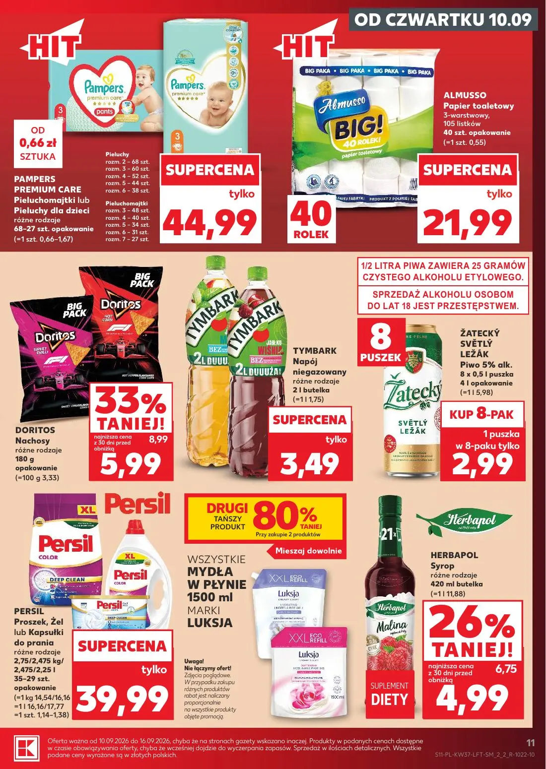 Kaufland gazetka, strona 11 z 65 — PAMPERS PREMIUM CARE Pieluchomajtki lub Pieluchy dla dzieci, ALMUSSO Papier toaletowy, PE…