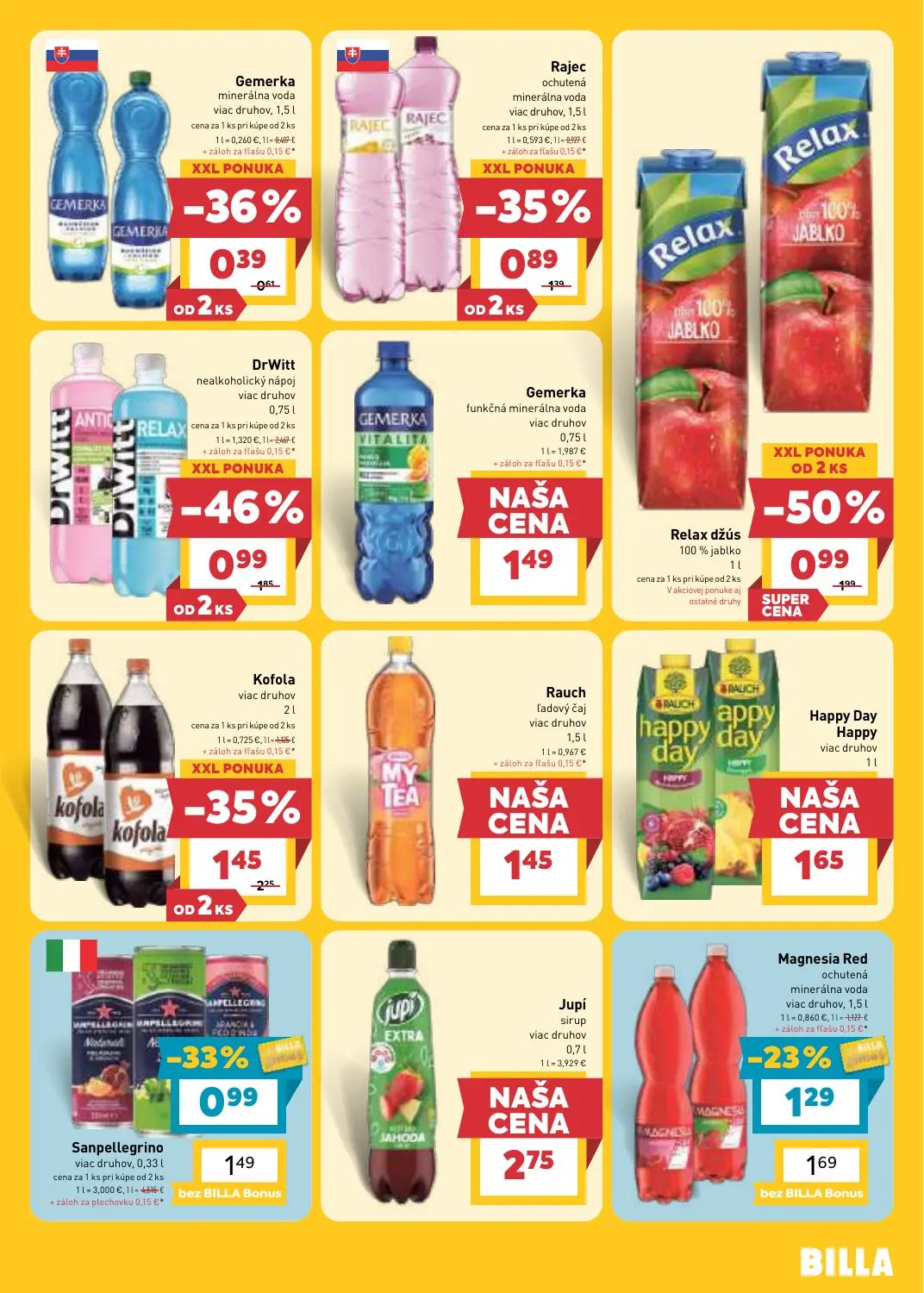 Billa leták, strana 21 z 31 — Relax džús 100% jablko, DrWitt nealkoholický nápoj viac druhov, Kofola viac druhov
